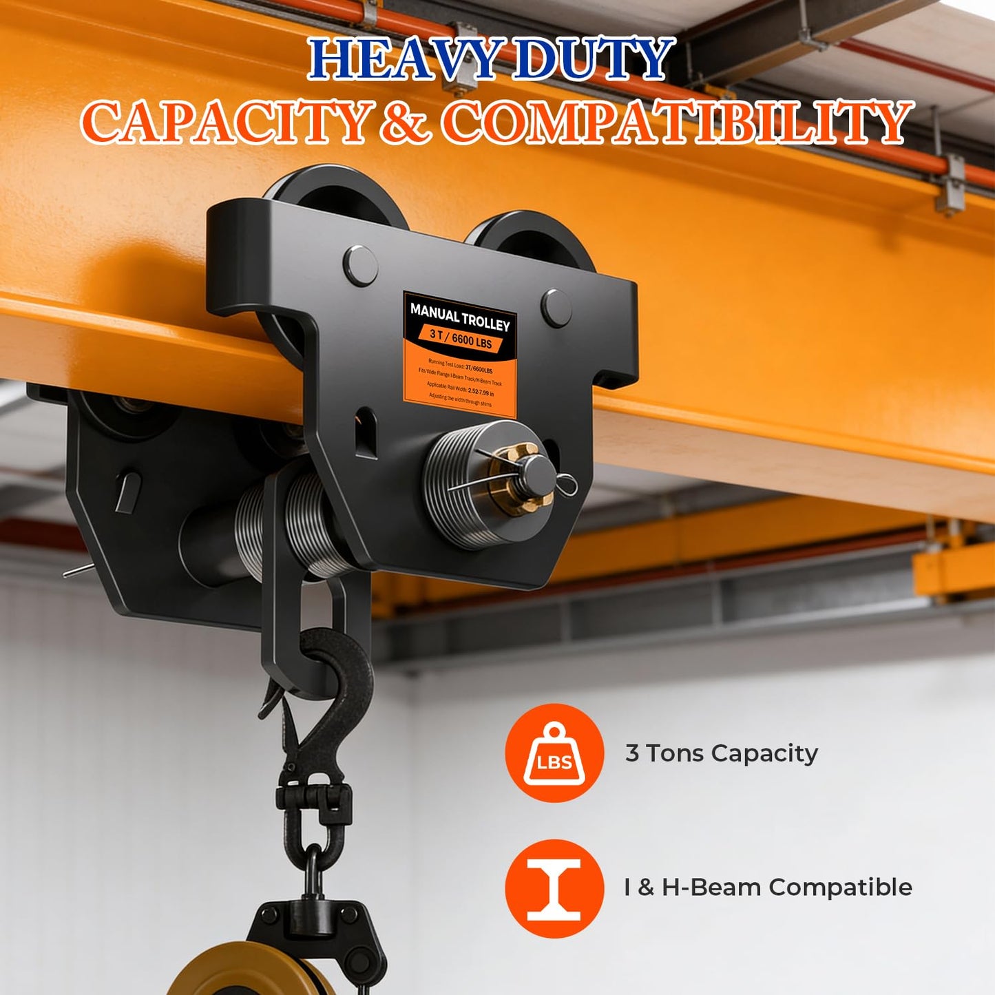 POWLAB I Beam Trolley 3 Ton Manual Adjustable for I-Beam Flange Width 3.66" - 8.46", Overhead Push Beam Trolley Heavy Duty Dual Side Wheels, for Garage Hoist for Straight Curved I Beam