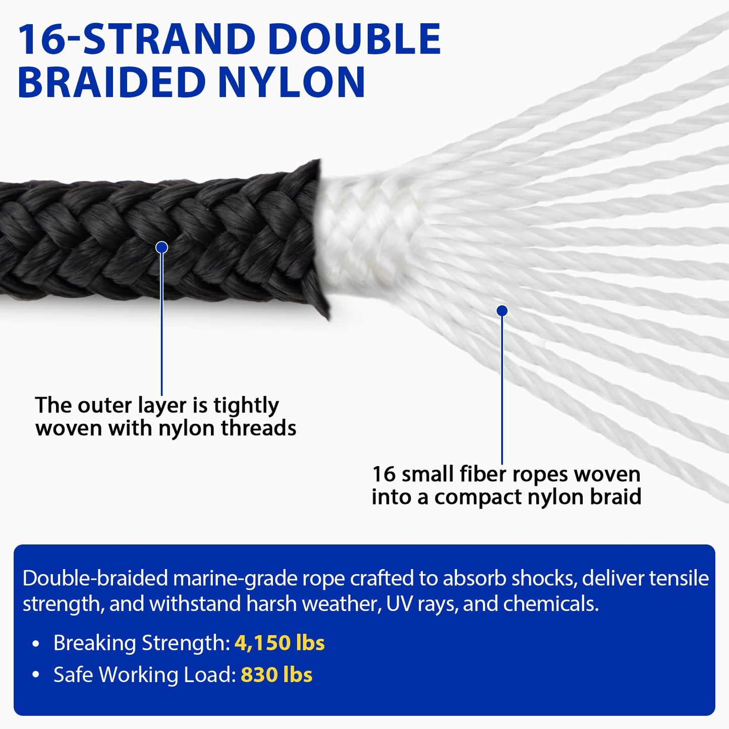Boat Dock Lines Marine Rope - 3/8" x 15ft with Pre-Spliced 12" Loop Double Braided Nylon Ropes Bumper Tie Mooring Line for Boats Docking Pontoon Boating Accessories - 4 Pack