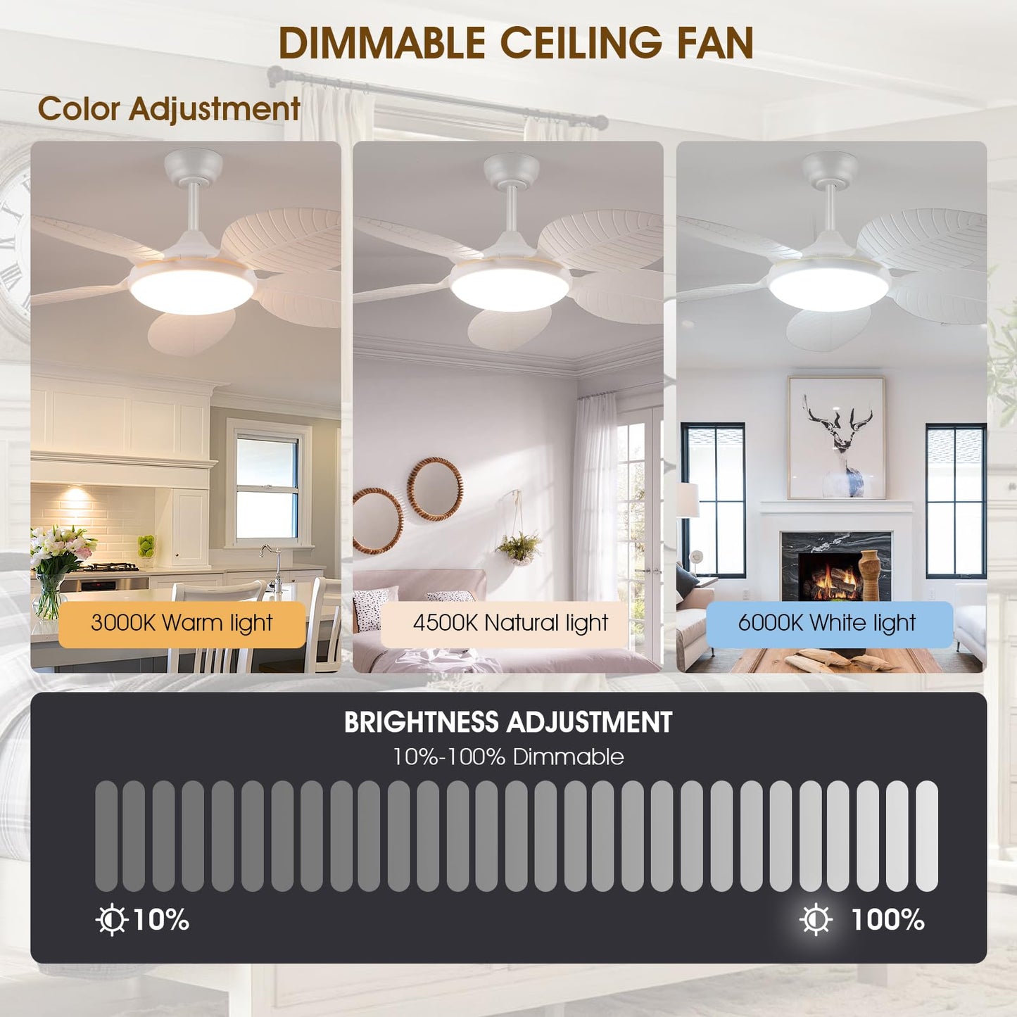 Wiviniya 48 Inch Tropical Ceiling Fans with Lights, Palm Leaf Outdoor Ceiling Fan with Light for Patios Porch Bedroom Living Room, Remote/APP Control, Reversible Quiet DC Motor, Dimmable LED, White