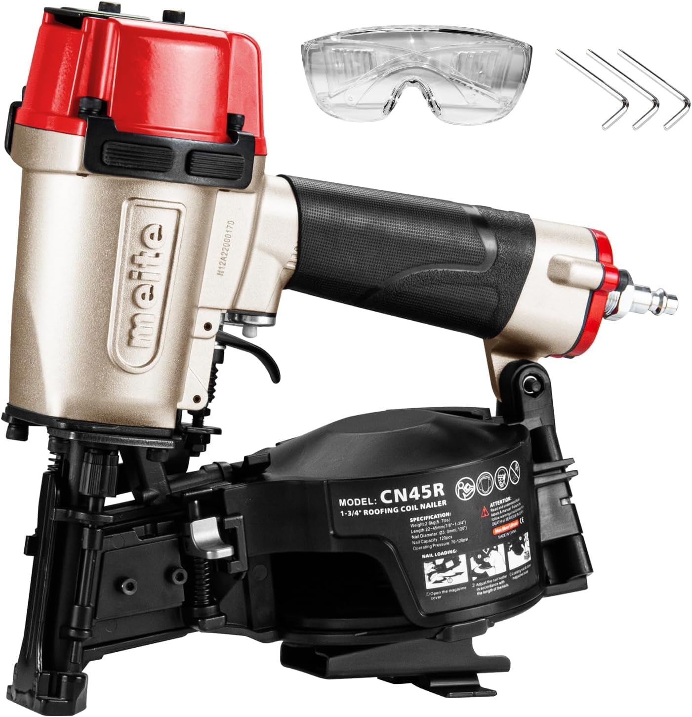 meite CN45R Coil Roofing Nailer 15 Degree Pneumatic Nail Gun for Asphalt Shingles Underlayment Decking Roof Repair, Air Roofing Nail Gun with Tool-Free Depth Adjustment Accepts 7/8" to 1-3/4" Nails