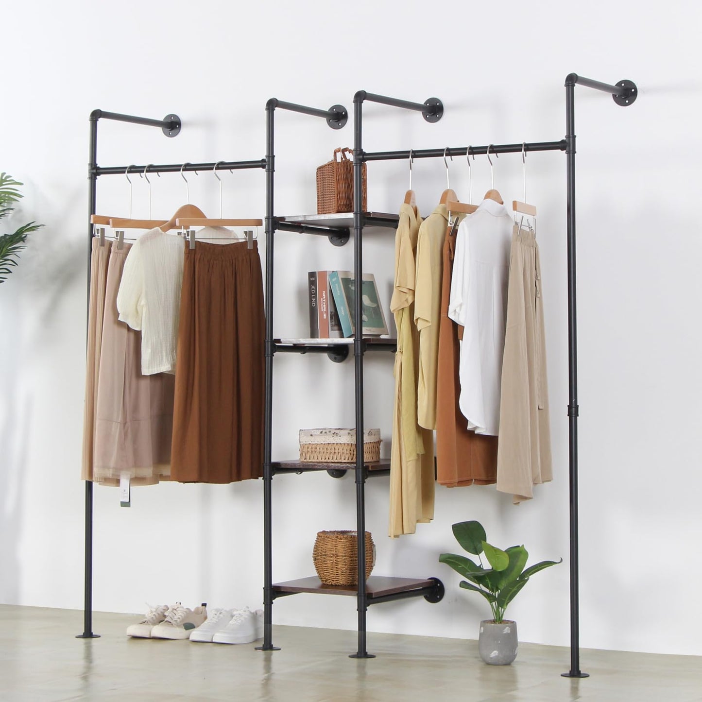 EDCB Wall Mounted Industrial Pipe Heavy Duty Clothes Rack, Clothing Rods for Hanging Clothes, Freestanding Clothing Rack with 2 Hang Rods & 4 Shelves, 72.8" W x 17.7" D x 71" H