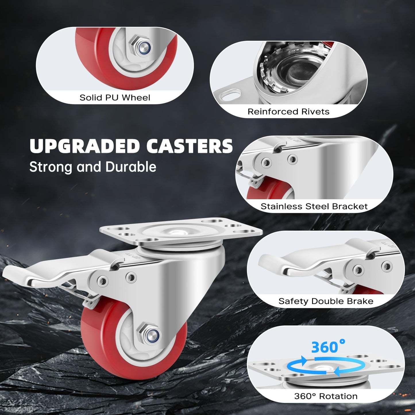 W B D WEIBIDA 2 Inch Stainless Steel Caster Wheels with Brake,Rust-Proof 304 Casters Set of 4,Anti-Corrosion Industrial Castor for Furniture,Labs,Hospitals,Restaurants, Toolbox