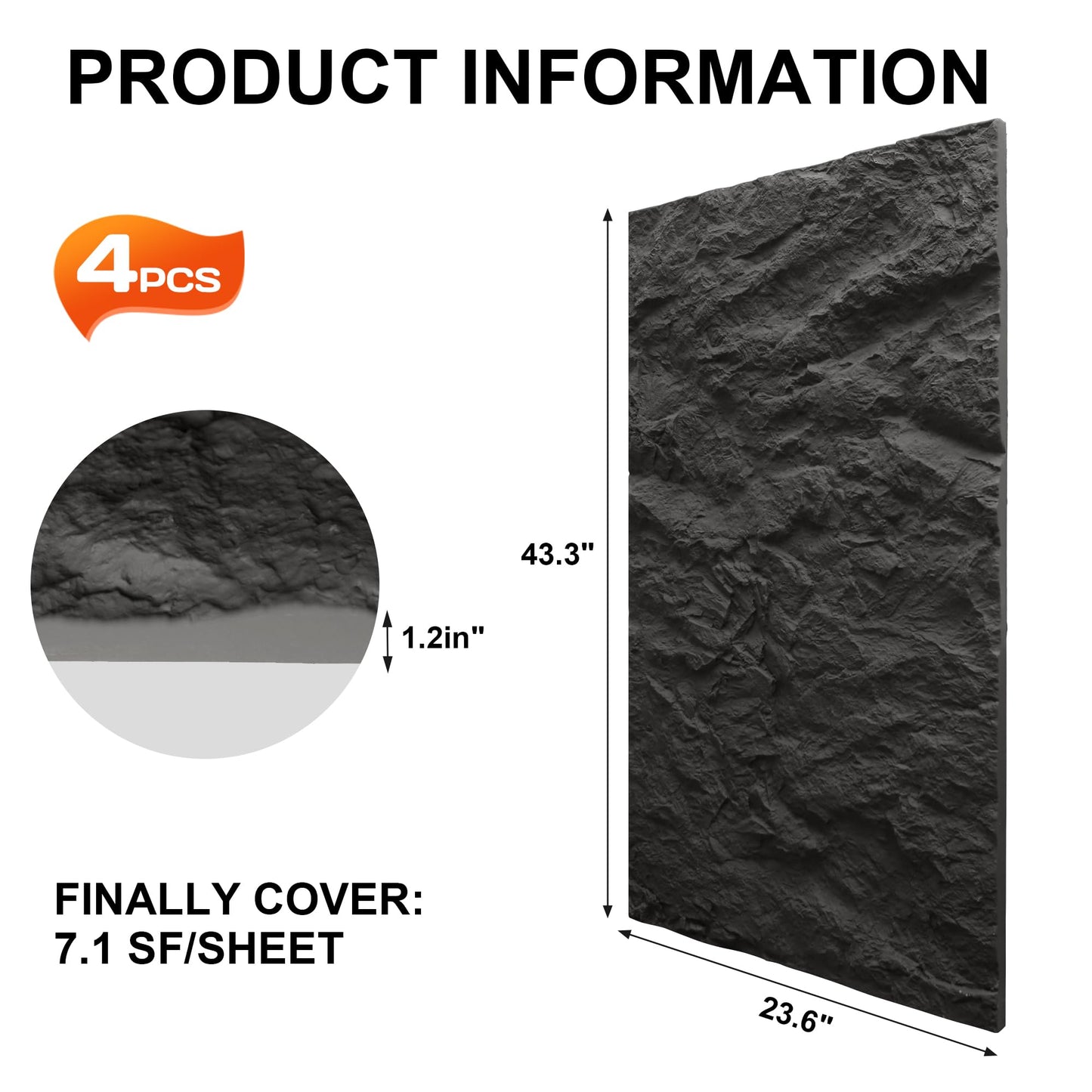 KASARO 3D Faux Stone Wall Panels, 4 PCS PU Wainscoting Panel for Interior Wall Decor, Cement Texture Thicker Accent for Home, Office, 43.3 × 23.6 inch, Black