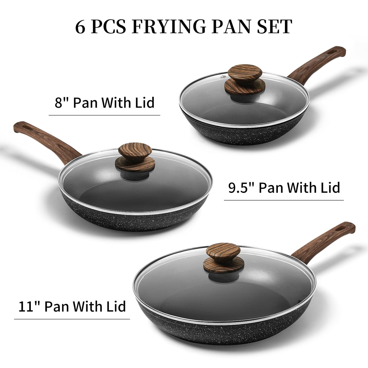 Frying Pan Set - 3 Pcs Nonstick Skillets With Lids, PFOA Free, Induction Compatible, Black
