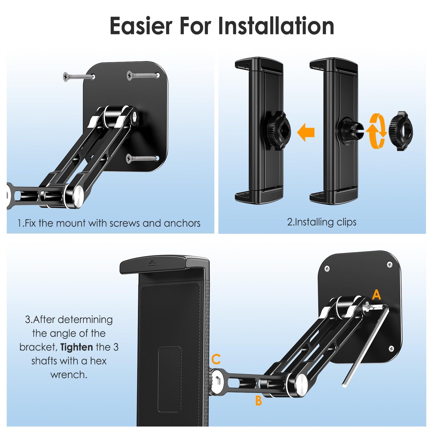 Lucrave Tablet Wall Mount Holder, Aluminium Extendable iPad Wall Holder, with 360°Rotating Base Adjustable and Foldable for iPad Pro Air Mini, Galaxy Tab, All 4.7-13" Phones and Tablets