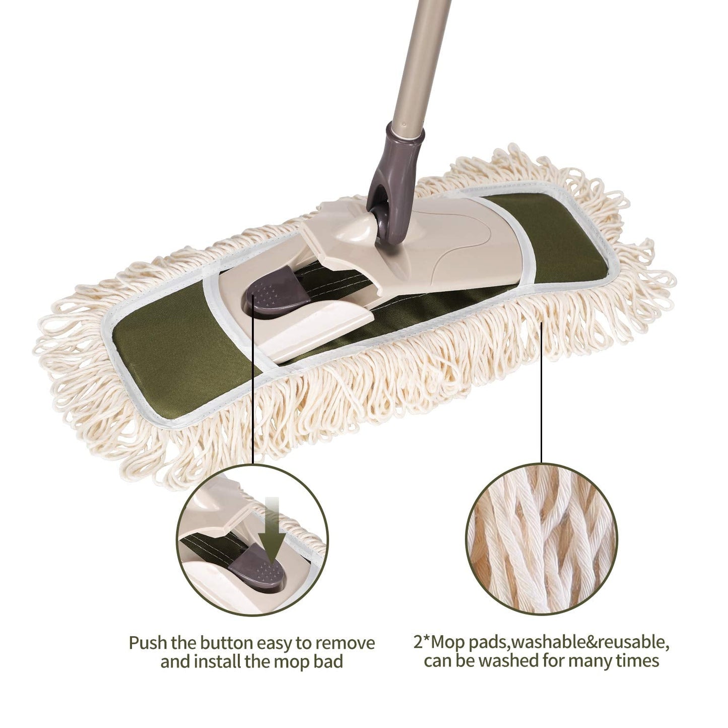 Eyliden Dust Mop with 2 Washable Pads for Hardwood & Tile Floors | 32.9"-52.6" Adjustable Handle, 360° Swivel, One-Touch Pad Release | Wet Dry Floor Cleaning Push Broom