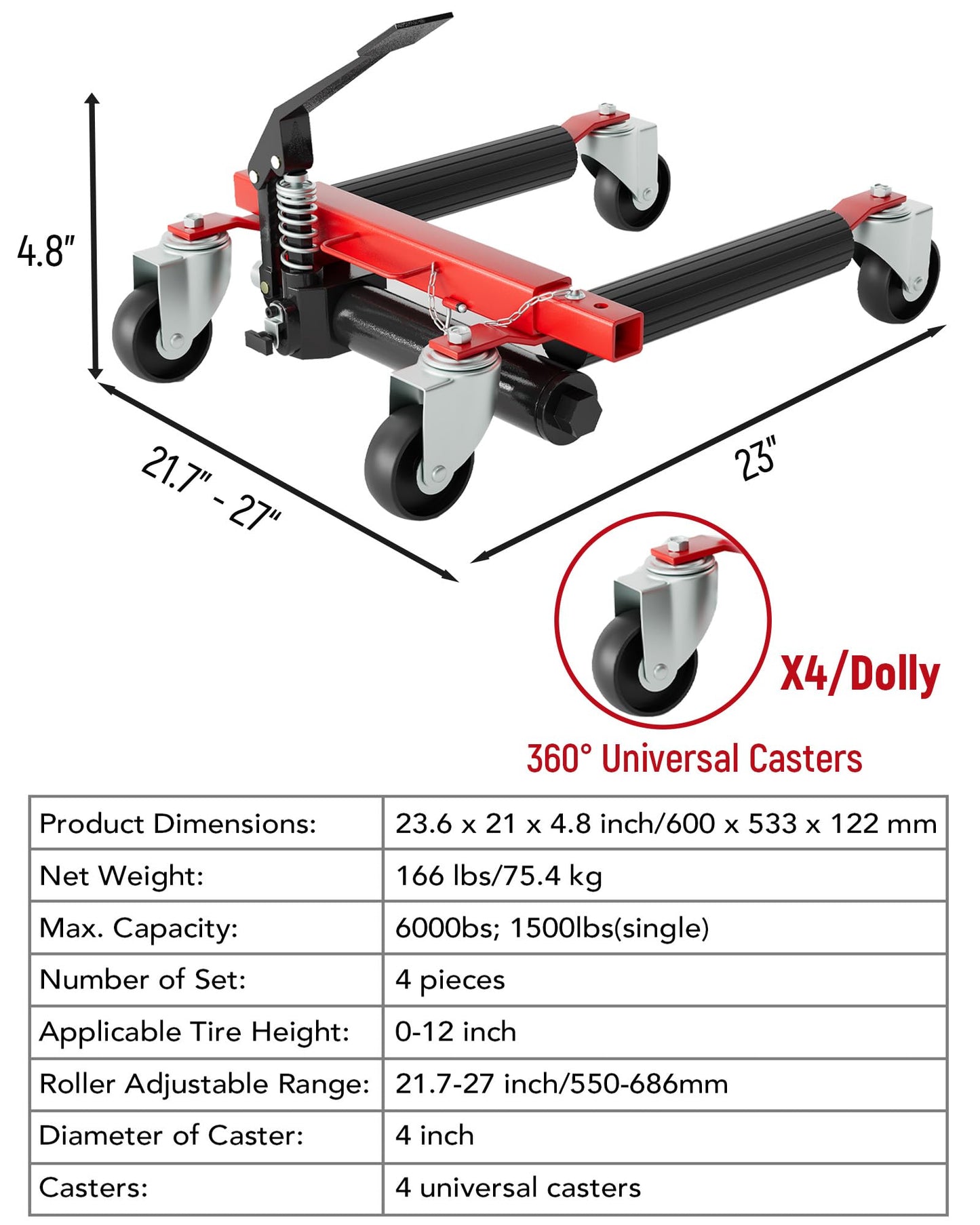 GarveeTech Hydraulic Car Wheel Dolly Set of 4, Heavy Duty 6,000 LBS Capacity Vehicle Dollies with Foot Pedal for Tire Auto Repair Moving, Red