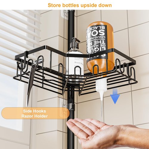 HouseUp Corner Shower Caddy Tension Pole - 4-Tier Shower Corner Shelf for Bathtub Bathroom Shower Organizer - Adjustable 34in-120in, Space Saving Bathtub Accessory Shelves, Black