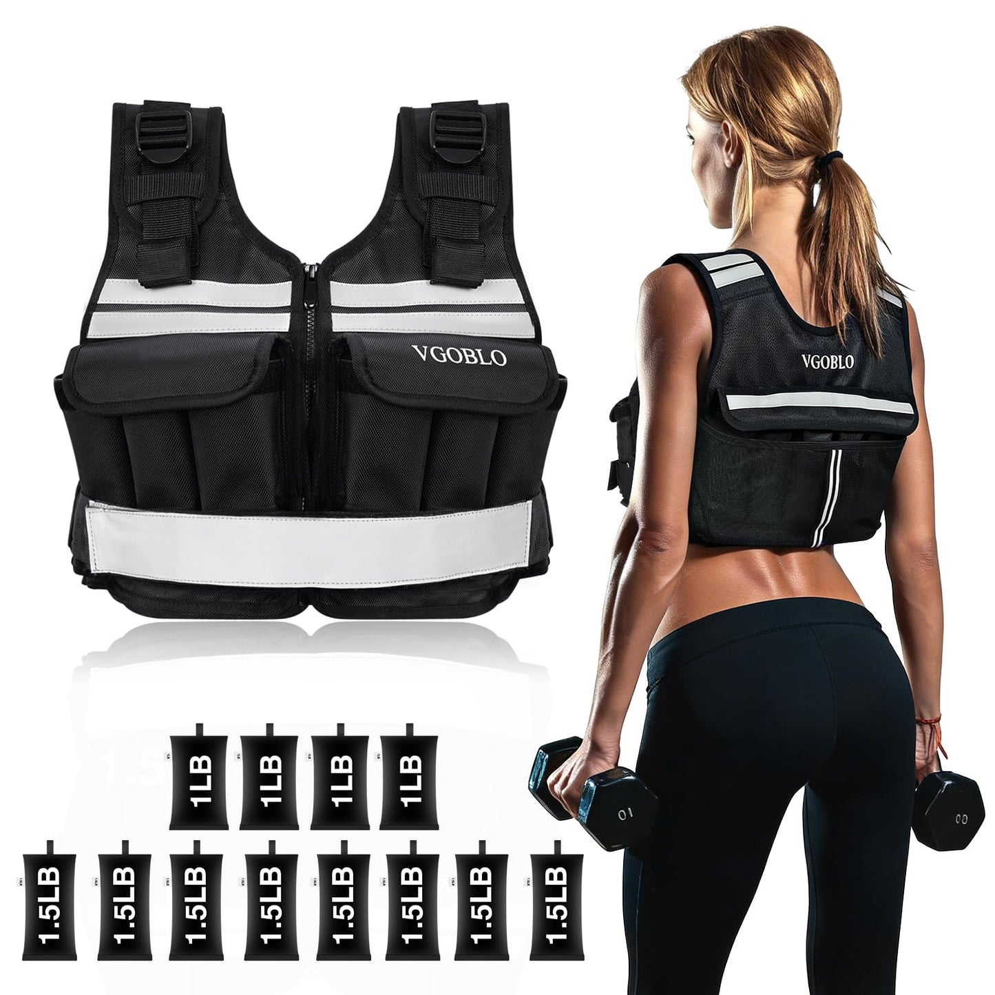 VGOBLO Adjustable Weighted Vest for Women Men, 2-18 lbs Strength Training Weight Vest with adjustable weights 12 Sandbags, Zipper Womens Weighted Vest Washable with Reflective for Walking Running Gym