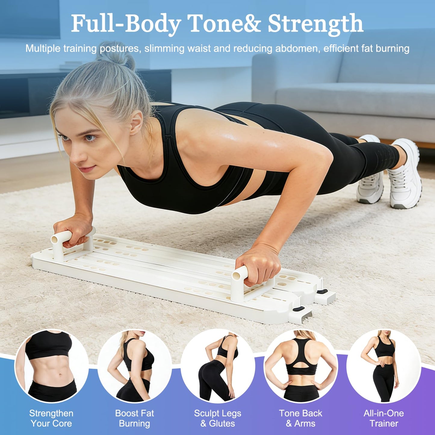 Pilates Reformer Board Set 12-in-1 Portable Pilates Board for Home Workout Core & Abs Toning Full Body Sculpting Equipment White