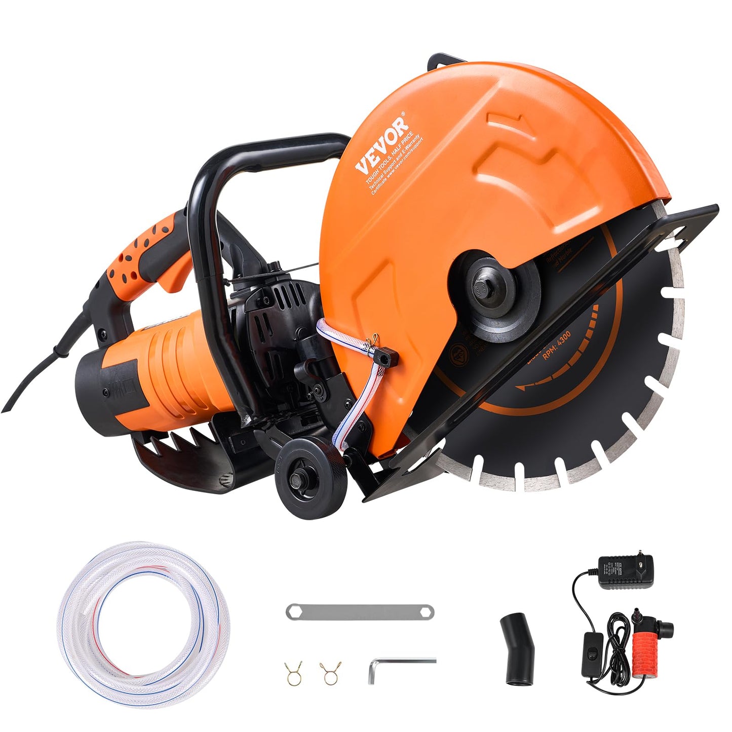 VEVOR Electric Concrete Saw, 14 in, 2600 W Motor Circular Saw Cutter with Max. 6 in Adjustable Cutting Depth, Wet Disk Cutter Includes Water Line, Pump and Blade, for Stone, Brick