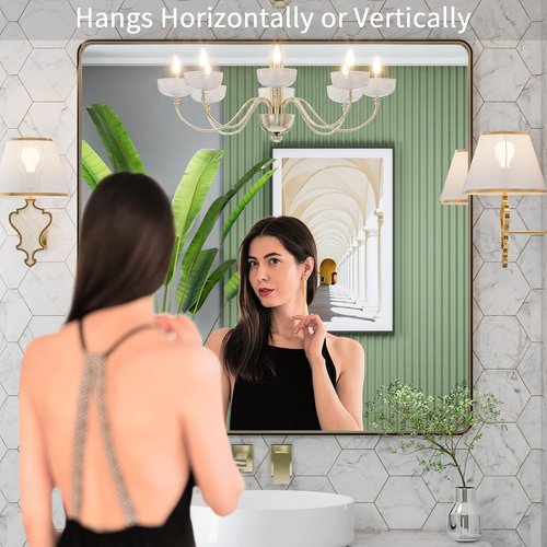 LOAAO 36”X36” Bronze Bathroom Mirror - Rounded Rectangle Design with Anti-Rust Frame | Versatile Hanging Options