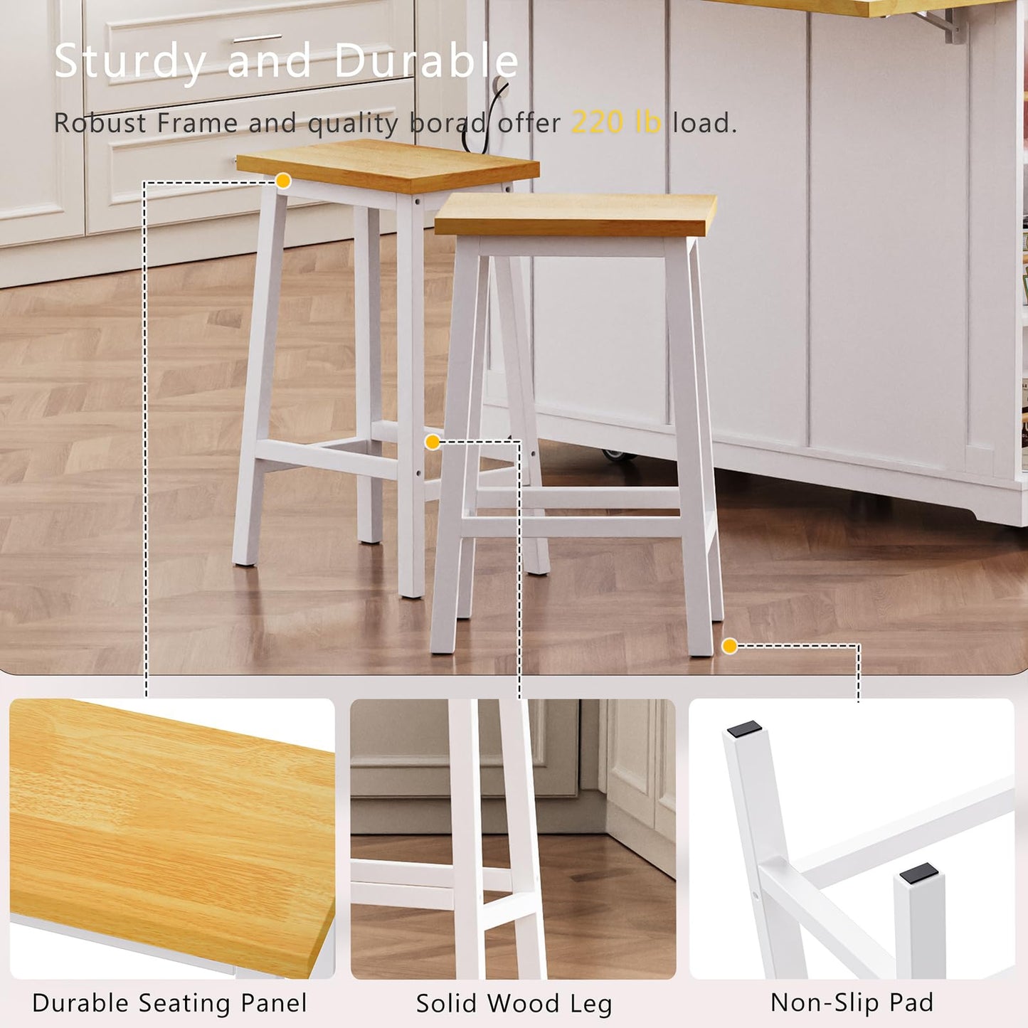 Waully 53'' Mobile Kitchen Island with Seating, Rolling Kitchen Island with Storage and Drop Leaf, 3 Drawers Islands Cart Rubberwood Top, 2 Open Shelves, Isla para Cocina, White + 2 StooIs