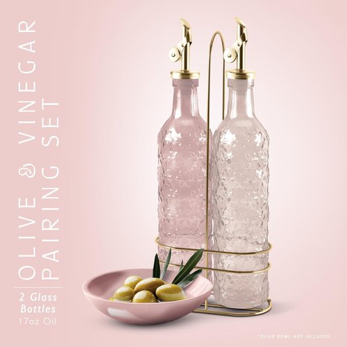 COOK WITH COLOR Glass Olive Oil Bottle Dispenser - 17oz Oil and Vinegar Cruet Set - Floral Pink Carafe for Kitchen