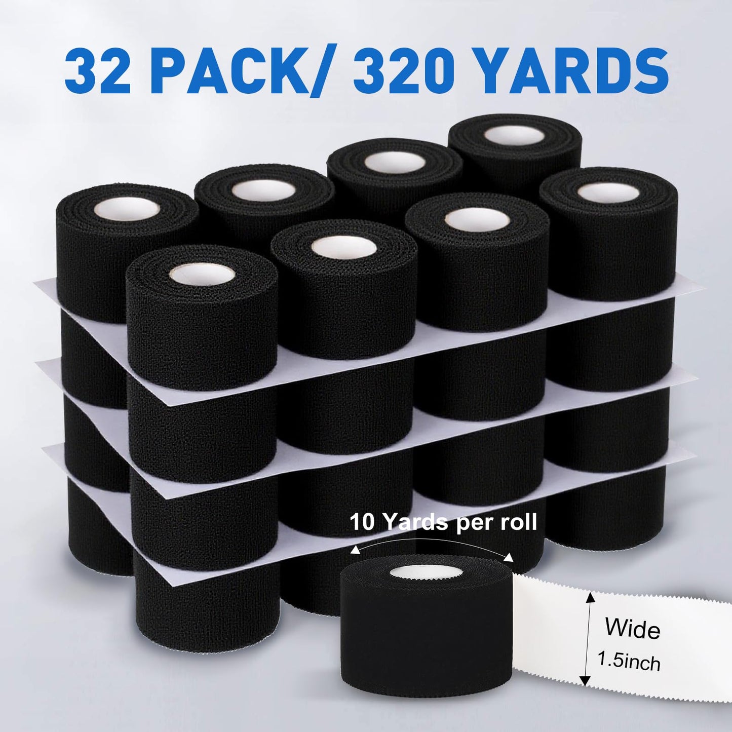 CHMI Athletic Tape,Black Sports Tape (32 Pack), 320 Yards Rolls Very Strong Easy Tear NO Sticky Residue Best Tape for Gymnastics Climbing Bat Injuries Medical (1.5 Inch X 320 Yards).