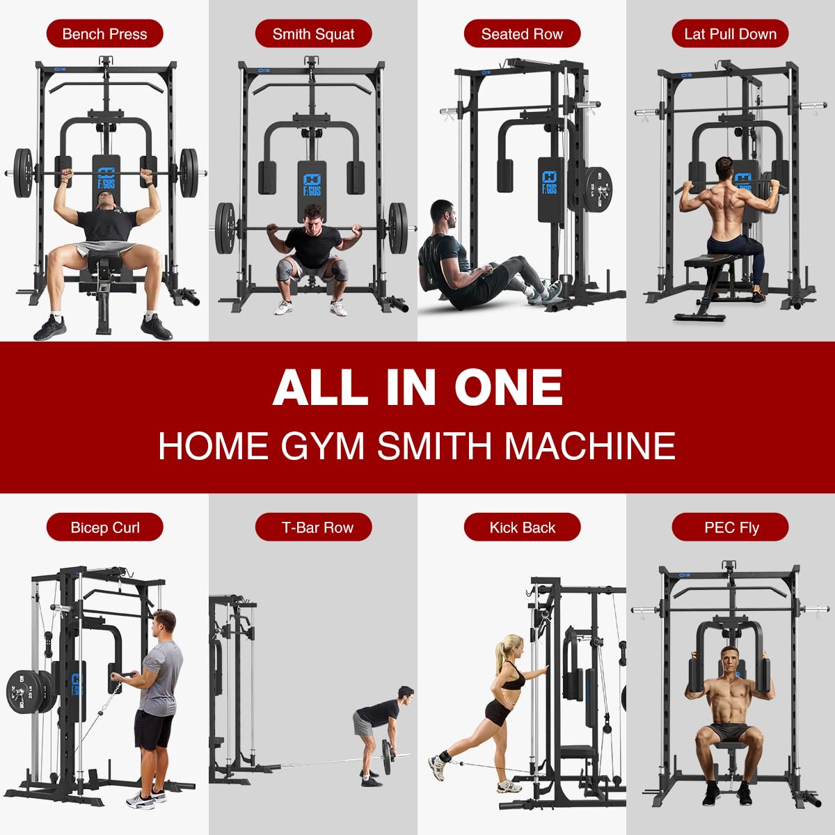 FAGUS Smith Machine Power Rack with Chest Fly Station & LAT-Pull Down System, Landmine, T-Bar Row Handle, Tricep Rope, Ankle Strap, Plate Storage Bars, Band Pegs and More Training Attachments, Black