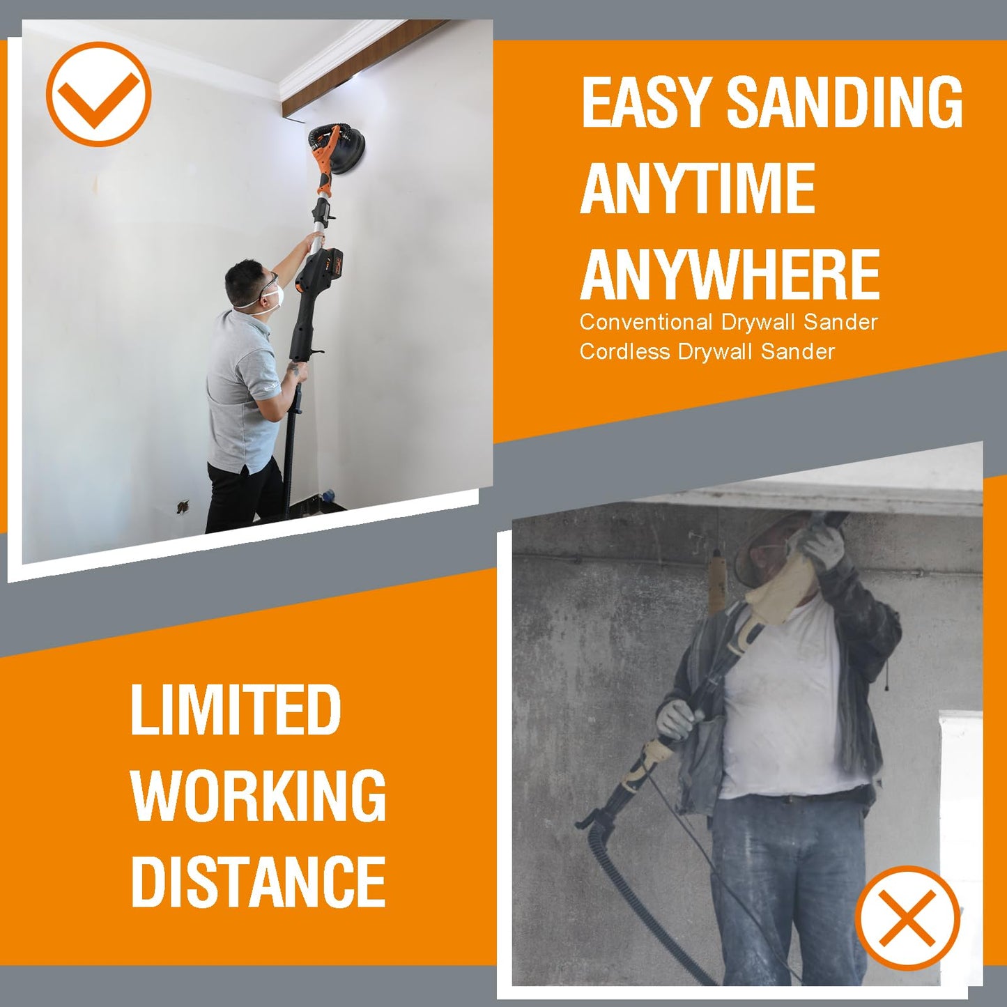 MAXXT Cordlees Drywall Sander with Vacuum Dust Collection, Brushless Electric Wall Sander with 7 Variable Speed Foldable Telescopic, Popcorn Ceiling Removal Tool, 2 Pack 4.0 Ah Battery and Charger