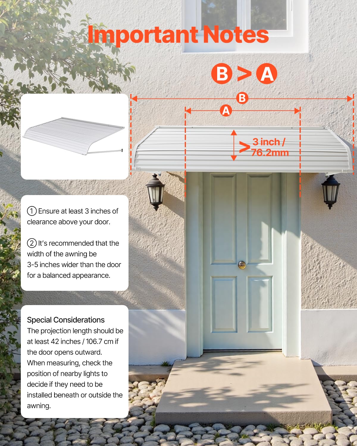 VEVOR Aluminum Awning 60 x 42 in, Durable Window Awning Door Canopy, Lightweight and Stable Aluminum Awnings for Doors Exterior Rain Snow Sunlight Protection for Door Entrance Windows Patio Porch