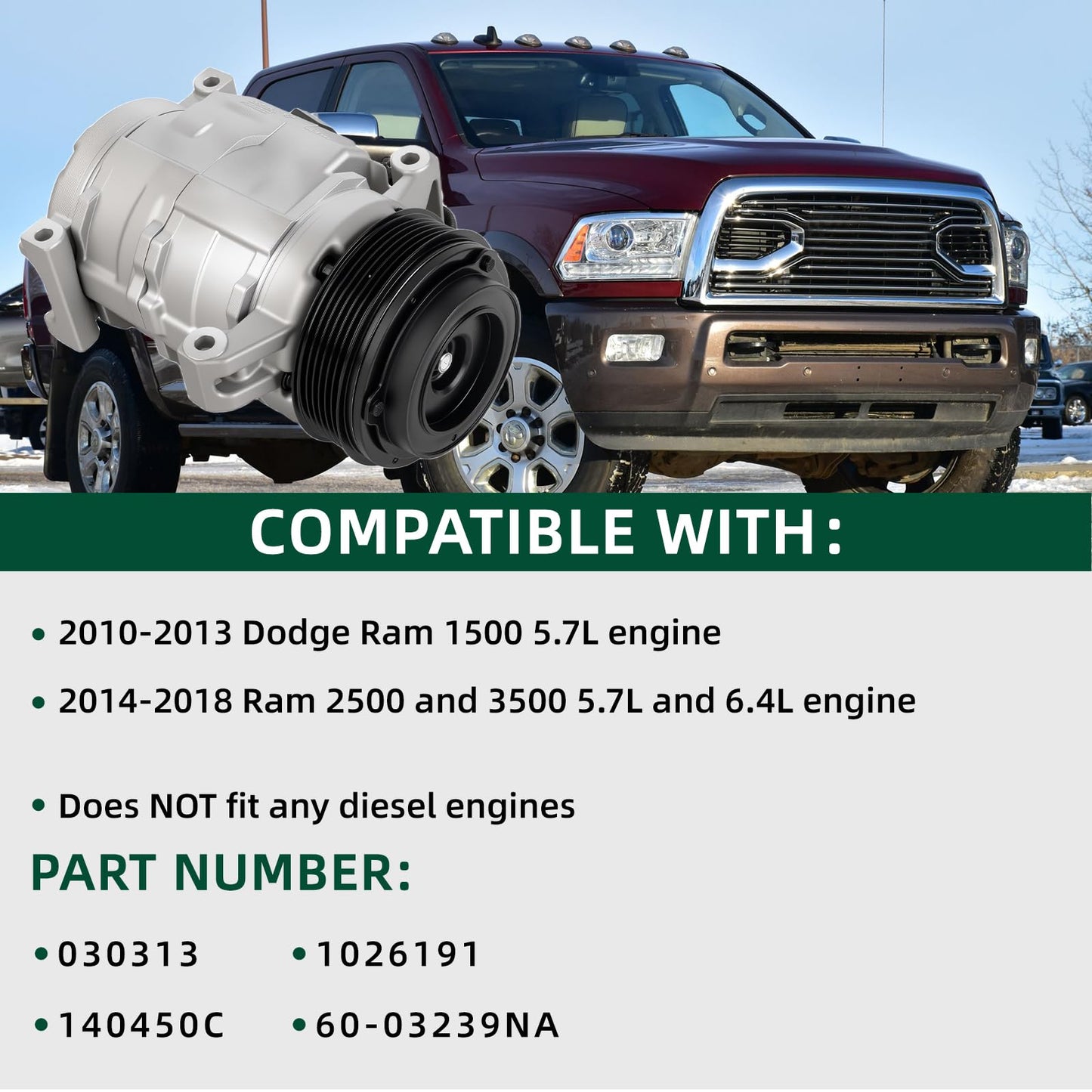 NEXAGEBIUS 60-03239NA Air Conditioning AC Compressor Compatible with 2010-2013 Dodge Ram 1500 5.7L engine, 2014-2018 Ram 2500 and 3500 5.7L and 6.4L engines Replace 030313 1026191 140450C