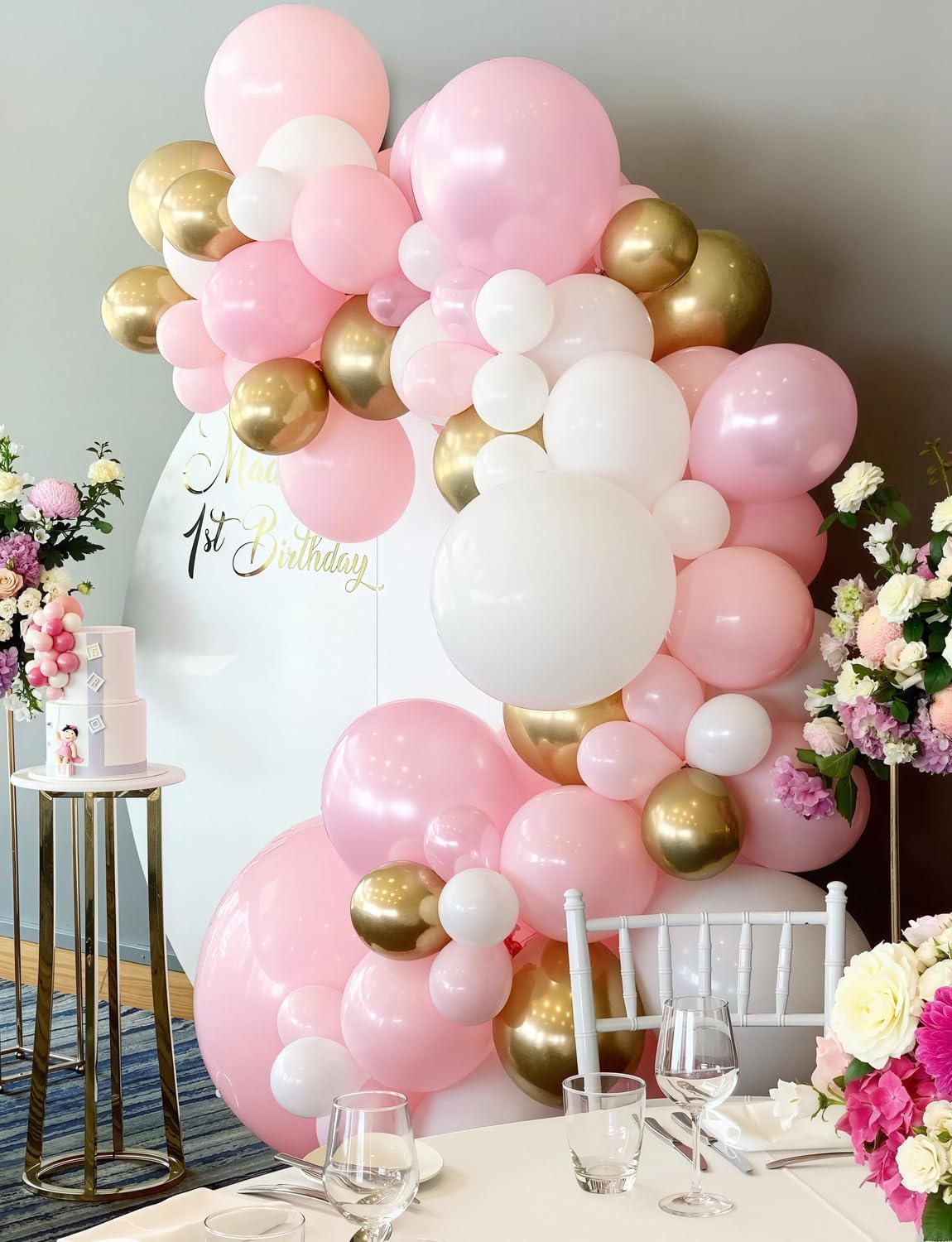 Skiennix Pink and Gold Balloons Set - 12 Inch Light Pink & White Metallic Balloons for Baby Shower & Birthday Parties
