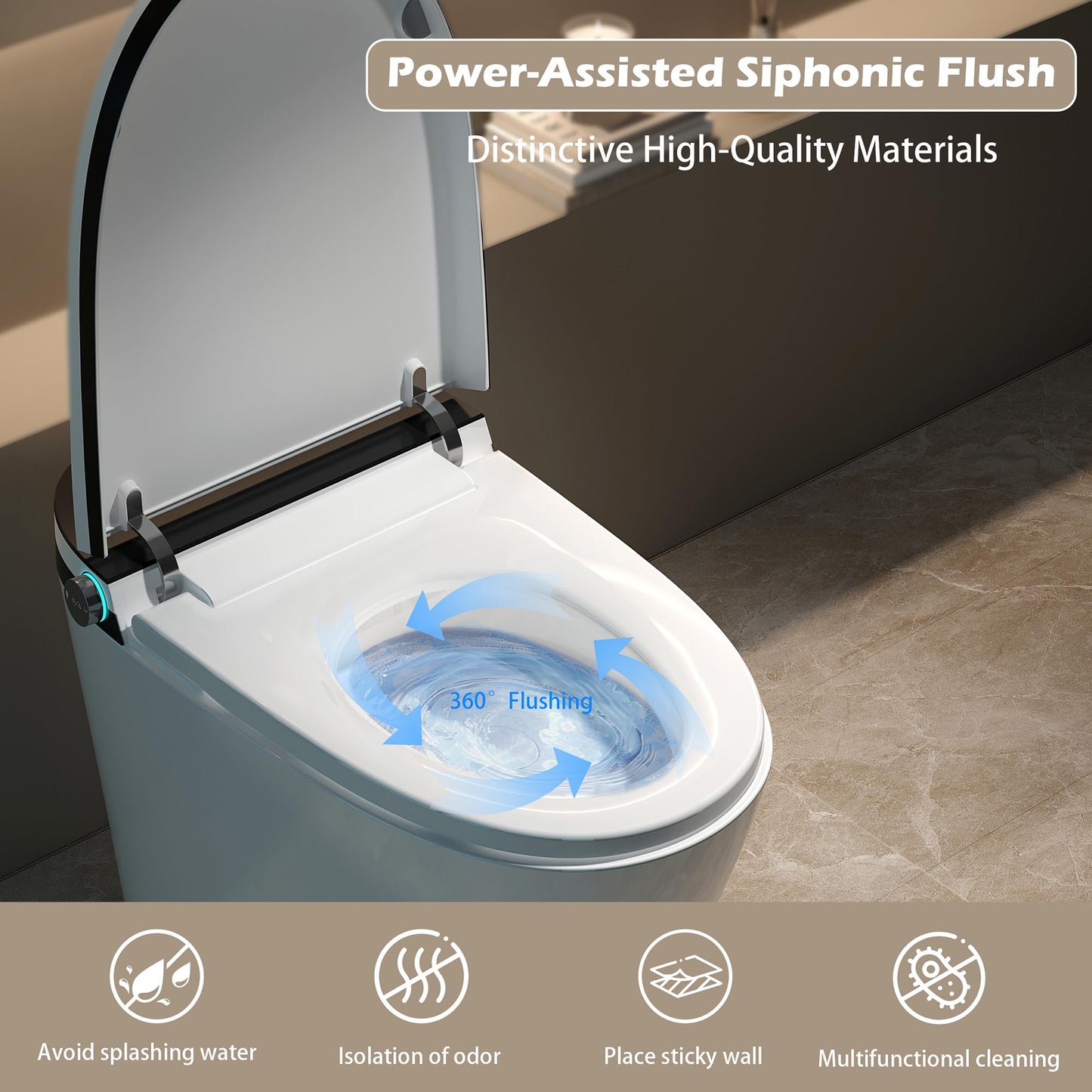 WinZo Smart Toilet with Bidet Built in, ADA One-Piece Toilet Auto Open/Close & Flush, Heated Seat, Front & Rear Wash, LED Display, Night Light, 12-inch Rough-in (Black)