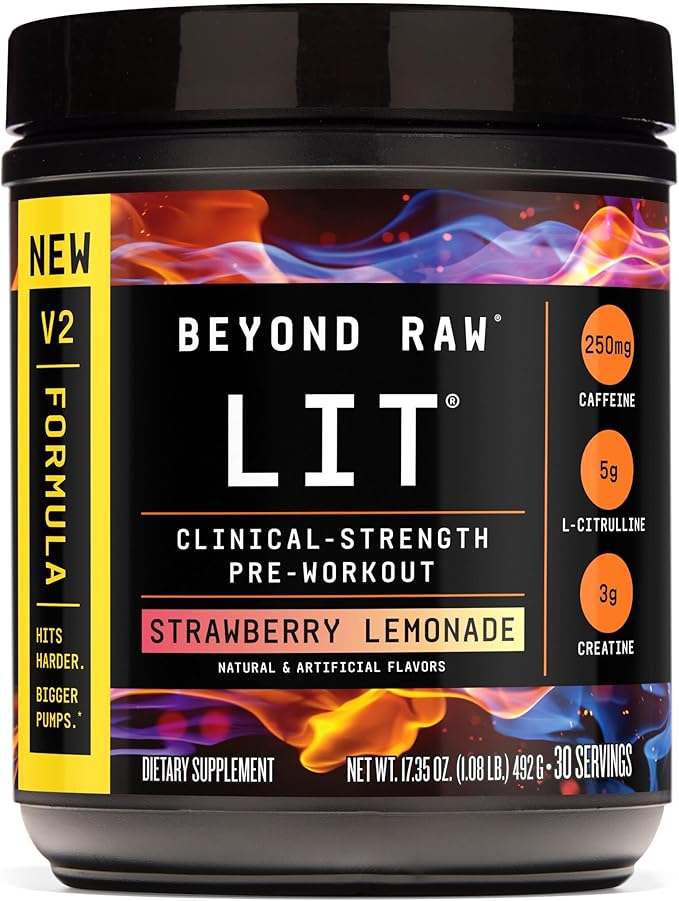 BEYOND RAW LIT V2 Clinical Strength Pre Workout Powder, Hits Harder, Bigger Pumps, Caffeine, L-Citrulline, Creatine, Strawberry Lemonade, 30 Servings