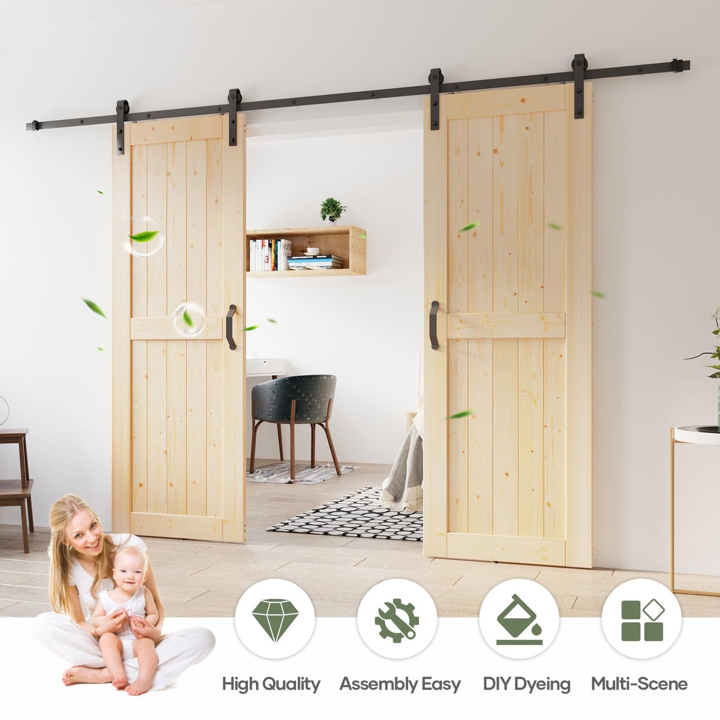 ROYMELO Double 30x84 inch Sliding Barn Wood Door Slab with 5ft Hardware Kit and Handle