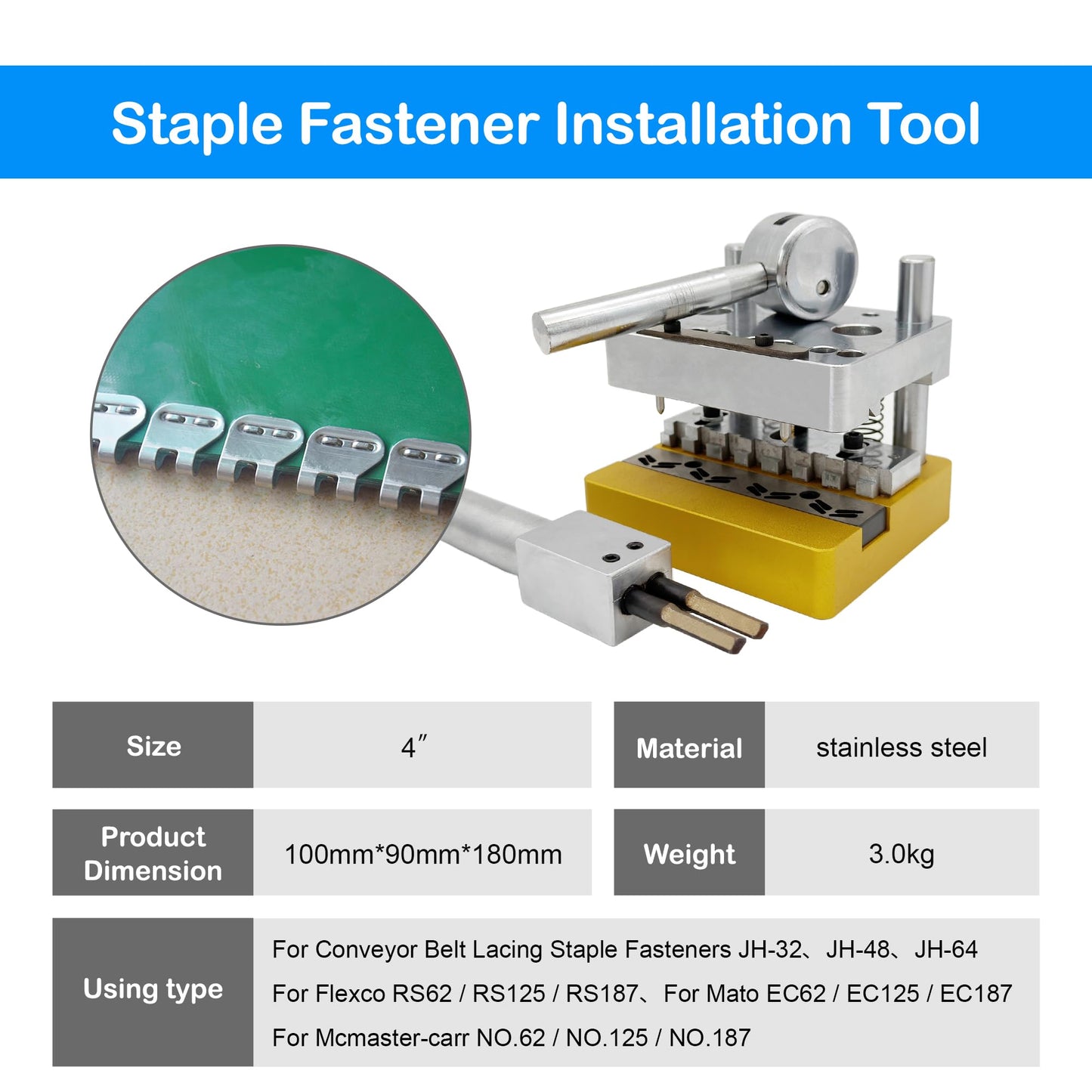 Mini 4" Conveyor Belt Staple Fastener Installation Tool Mechanical Splice Lacing Machine Fastener Lacer for Butterfly Steel Buckle Staple Fasteners, Easy Installation