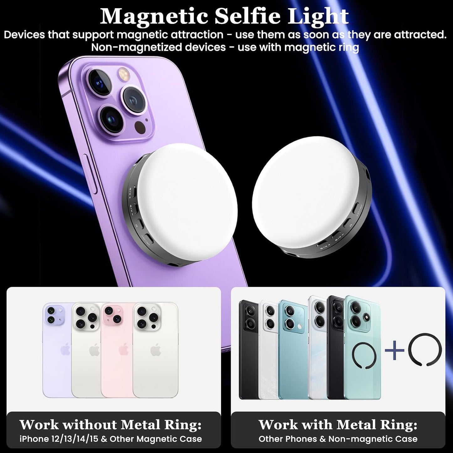 Auriani Magnetic Selfie Light, Metal-Shell Ring Light, Rechargeable,Portable Phone Light for Phone & iPhone,LED Fill