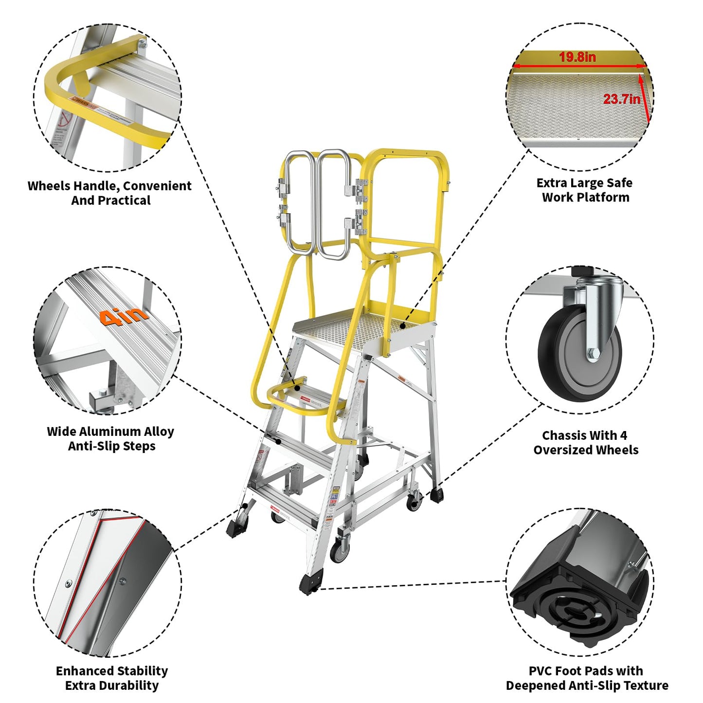 4-Step Aluminum Rolling Platform Ladder, 375 LBS Capacity, Mobile Work Platform with 20"x24" Anti-Slip Standing Surface, Steps Ladder with Wheels & Secure Safety Gate, Meets ANSI Standards