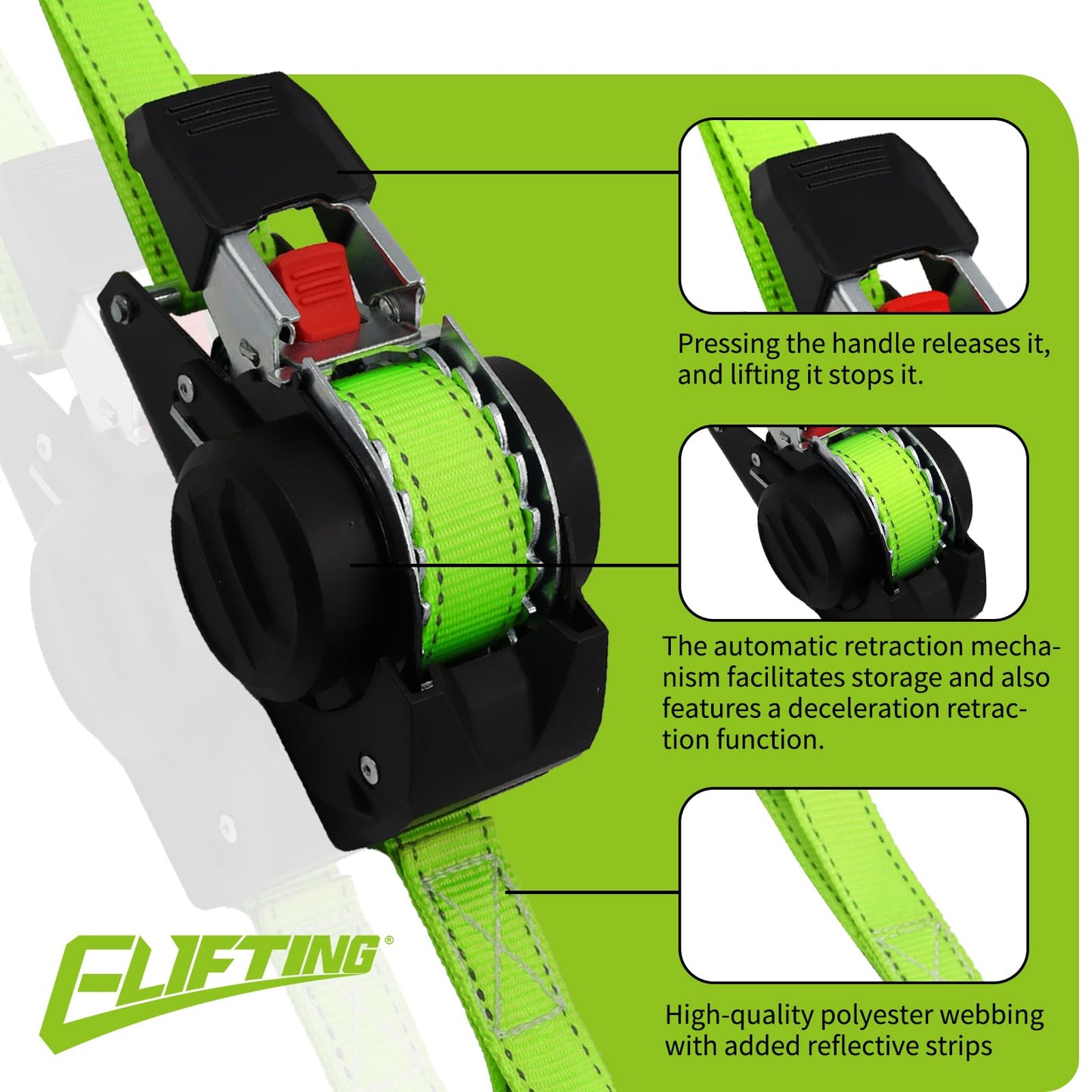 ELIFTING Retractable Ratchet Straps (2-Pack) 1 Inch x 10 Feet Auto Self Retracting Tie Down Straps (1650lbs Break Strength) Reflective Safety Stitching for Motorcycle ATV UTV Truck Trailer - Green