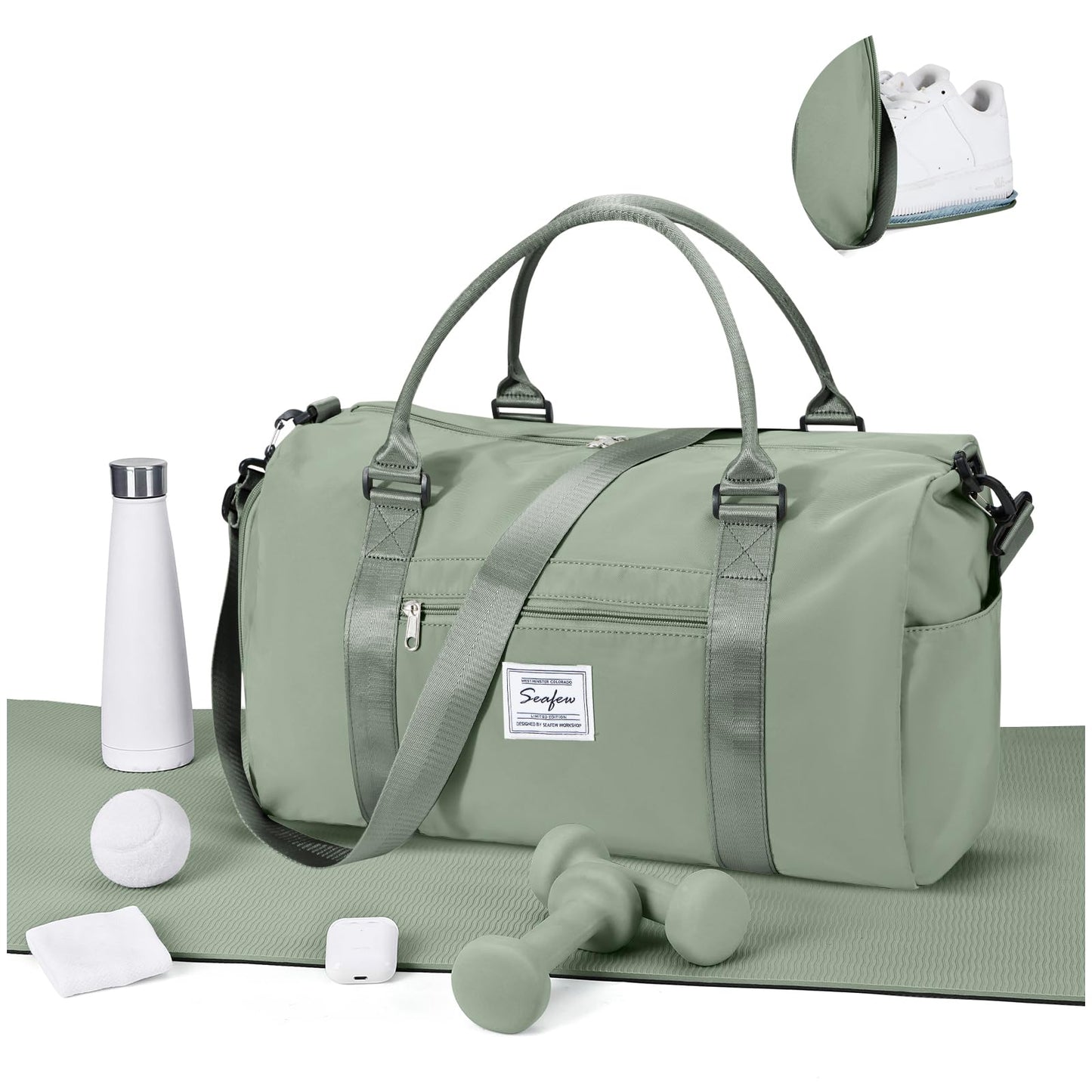 Gym Bags for Women Men with Shoes Compartment,Sports Duffle Bags Personal item travel Duffel Tote Bag Small Carry on Weekender Overnight Bag Workout Dance Bags Hospital Holdalls Grey Green