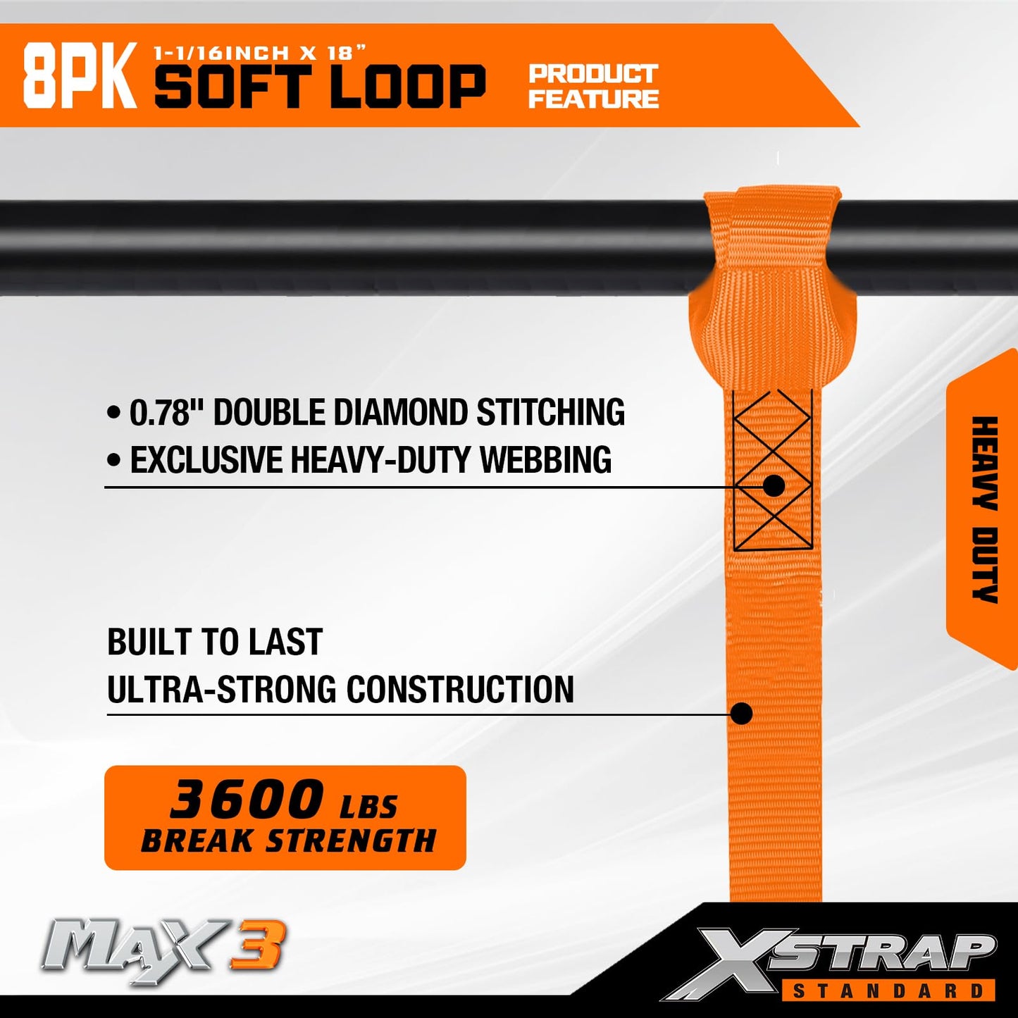 XSTRAP STANDARD Soft Loop Tie-Down Straps 8PK 1-1/16 x 18 inches - 3600LB Breaking Strength, Loops for Securing Trailering of Bikes, ATV, UTV, Motorcycles, Scooters, Dirt Bikes, Lawn Equipment, Orange