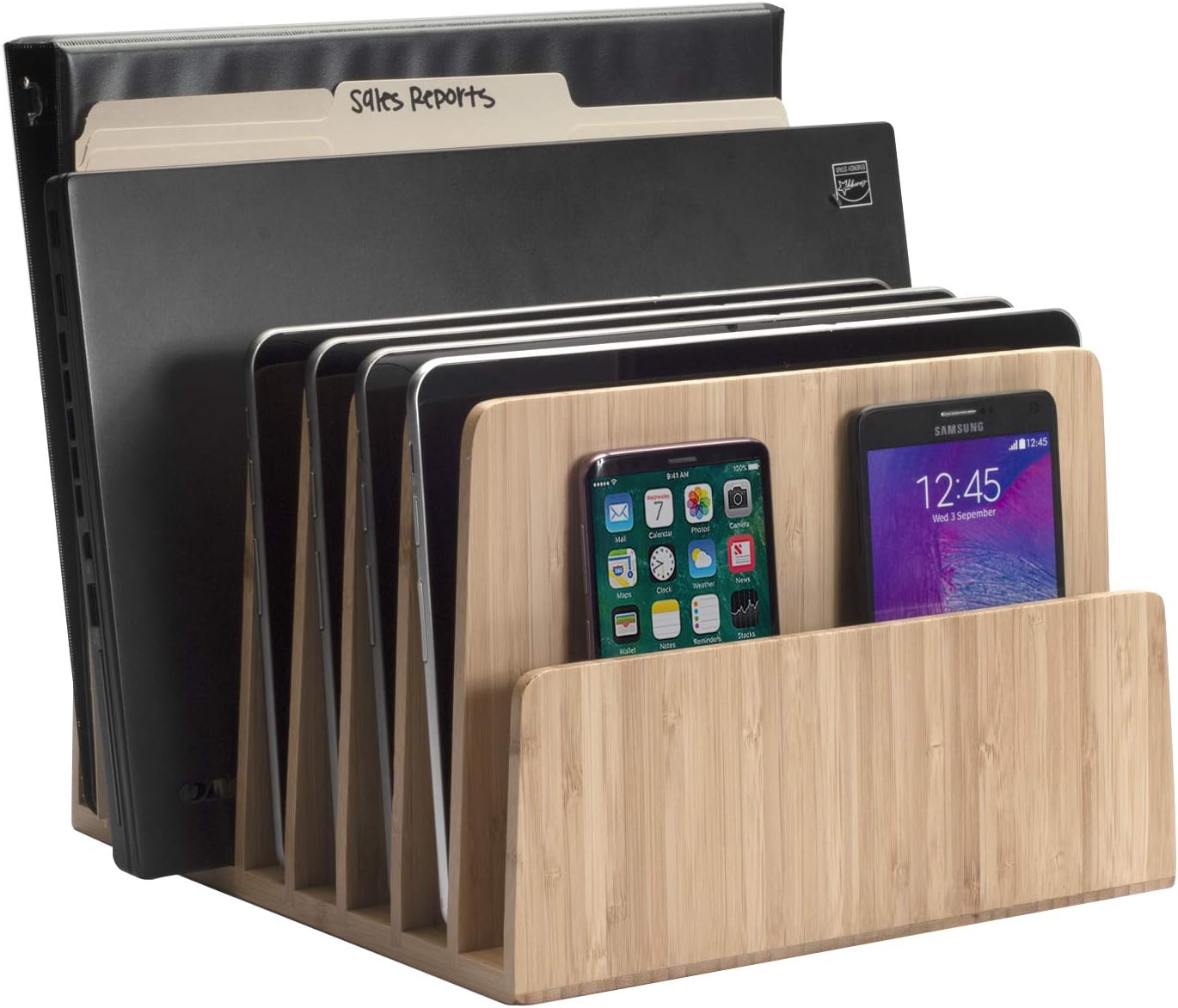 MobileVision 7 Bamboo Device Organizer for Smartphones, Tablets and Laptops, Slots With Extra Wide Slots for Laptops