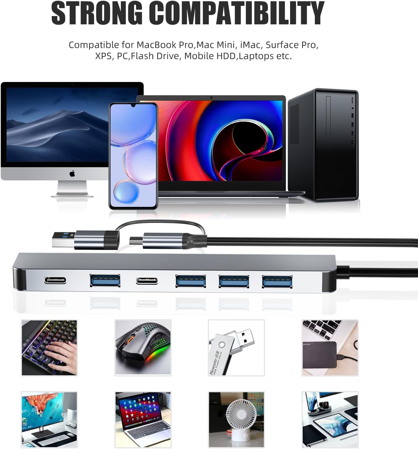 FAWETTY 7 1 2* 5* 3.0 2.0 PS4, Aluminum in USB C/USB Hub, USB C and USB, USB and USB Ports, Ultra Slim Portable USB