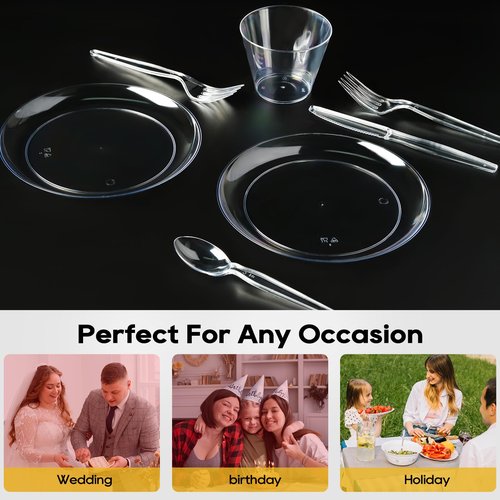 FOCUSLINE 100 Count Clear Plastic Plates 7 Inch, Disposable Salad Dessert Plates - Premium Clear Hard Plastic for Weddings, Parties and Events