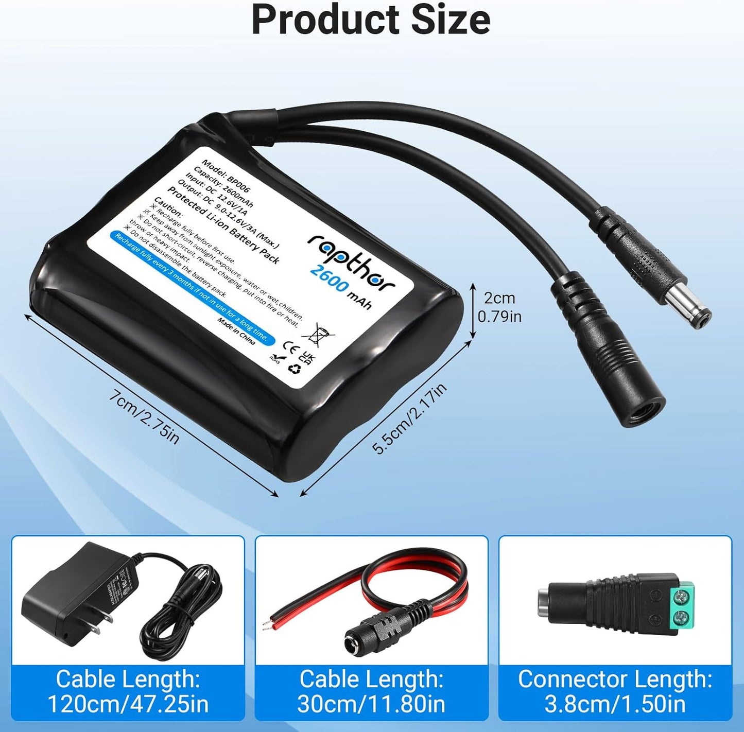 rapthor 12V 2600mAh Pack 12.6V 3A Rechargeable Li-ion Battery with Charger, Max DC Output Portable Battery for LED