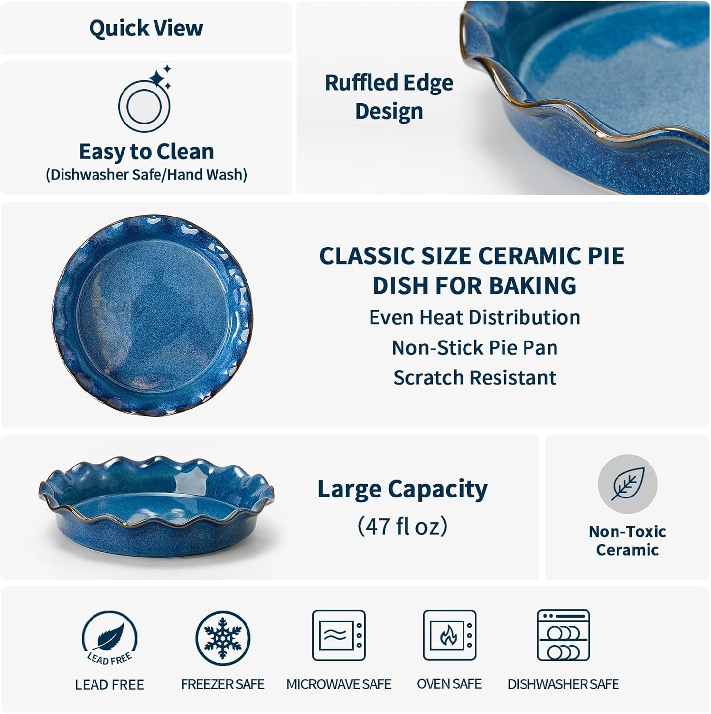 SIDUCAL Ceramic Pie Pan - Reusable Non-Stick Baking Dish with Ruffled Edge | Deep 10.5-Inch Active Blue