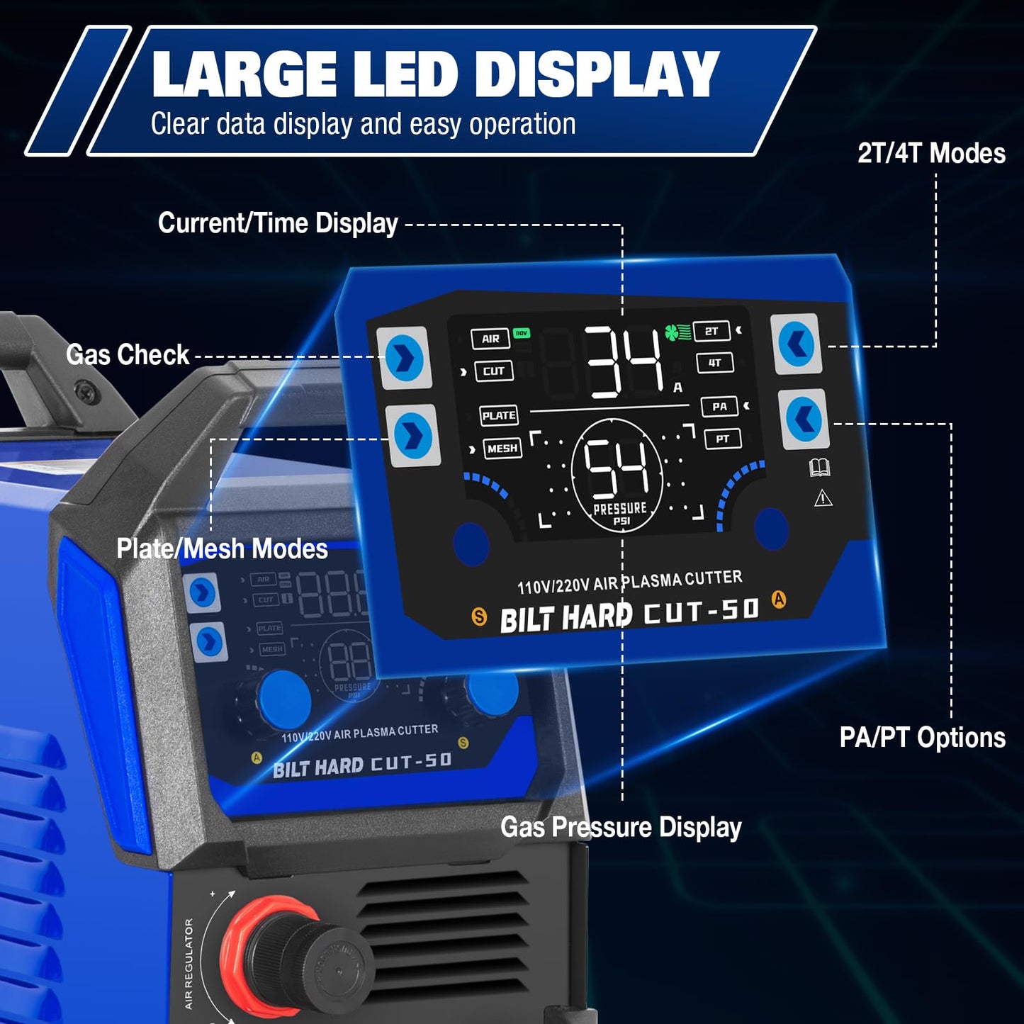 BILT HARD Plasma Cutter, 50A Plasma Cutting Equipment, Non Touch Pilot Arc, 110V/220V Dual Voltage, Digital Display Screen, DC Inverter IGBT Plasma Cutter Machine for Beginners
