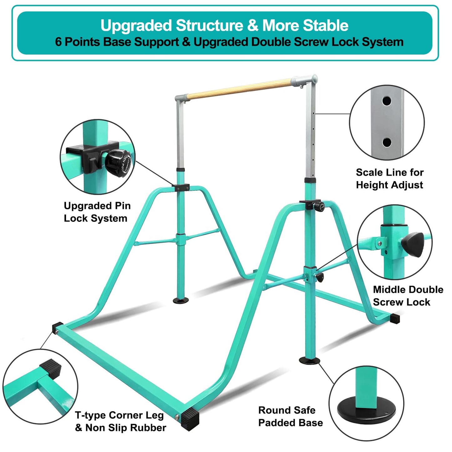 kechery Foldable & Moveable Gymnastics Horizontal Bar with Rings,3’to 5’Adjustable Height Expandable Junior Kip Bar for Home,Indoor Gym Equipment for Kids (Foldable Teal with Rings)
