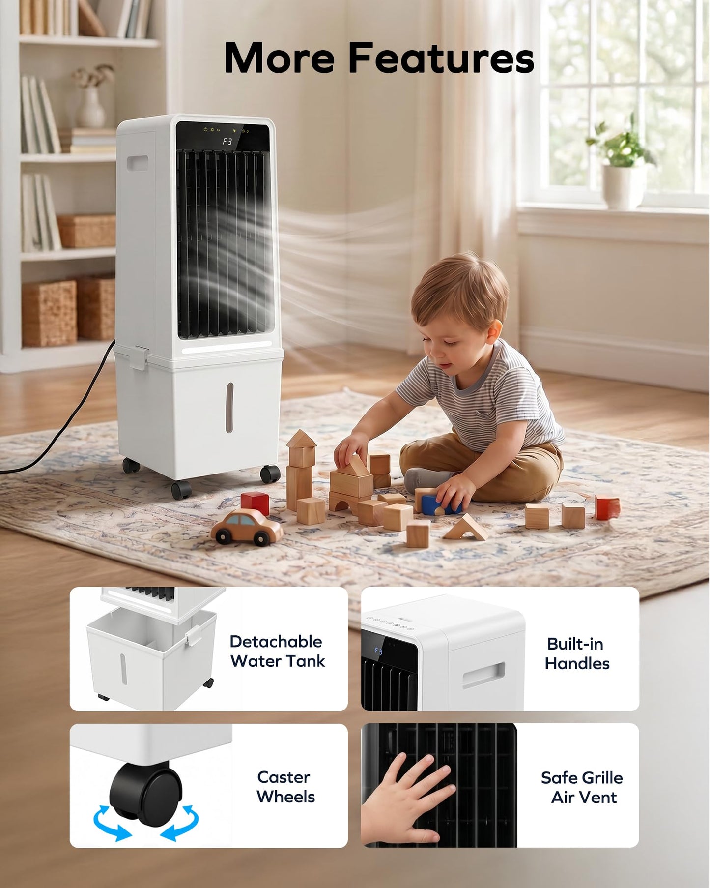 Air Choice Swamp Cooler, 30" Windowless Portable Air Conditioners with 3.7Gal Water Tank, 2 Ice Packs, Oscillation, 3 Speeds/Modes, 12H Timer, Night Light, Portable Swamp Cooler for Bedroom Office