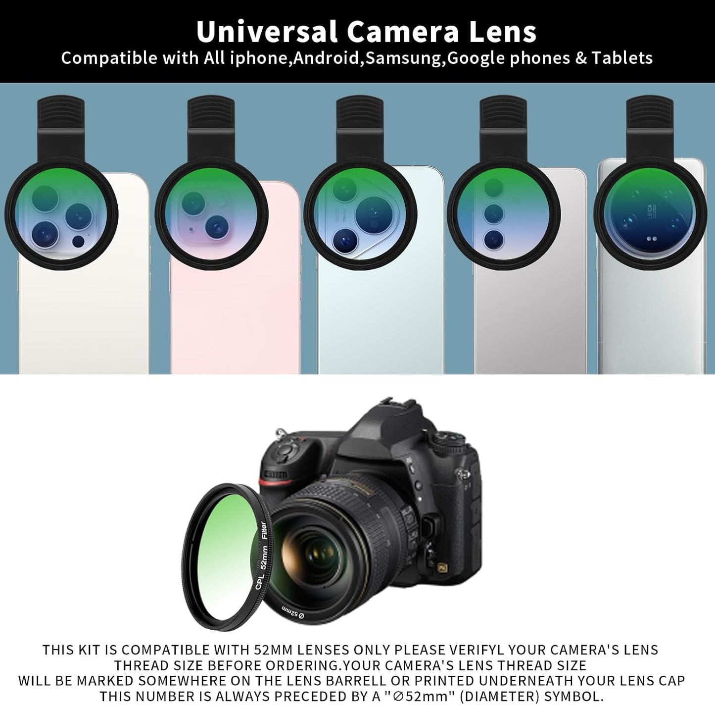 Beysfilter 52MM 16 15 14, CPL Filter for Phone, Clip-on Circular Polarizing Lens, HD Multi-Coated Optical Glass, Camera