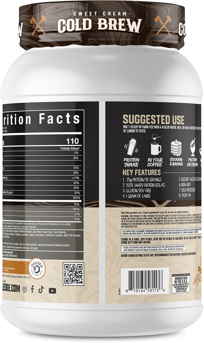 Axe & Sledge Farm Fed 100% Whey Protein Isolate | 25g Protein | Low Carb, Low Sugar, Gluten Free | Protein Powder for Men and Women | Keto | Made in The USA | 28 Servings, Sweet Cream Cold Brew