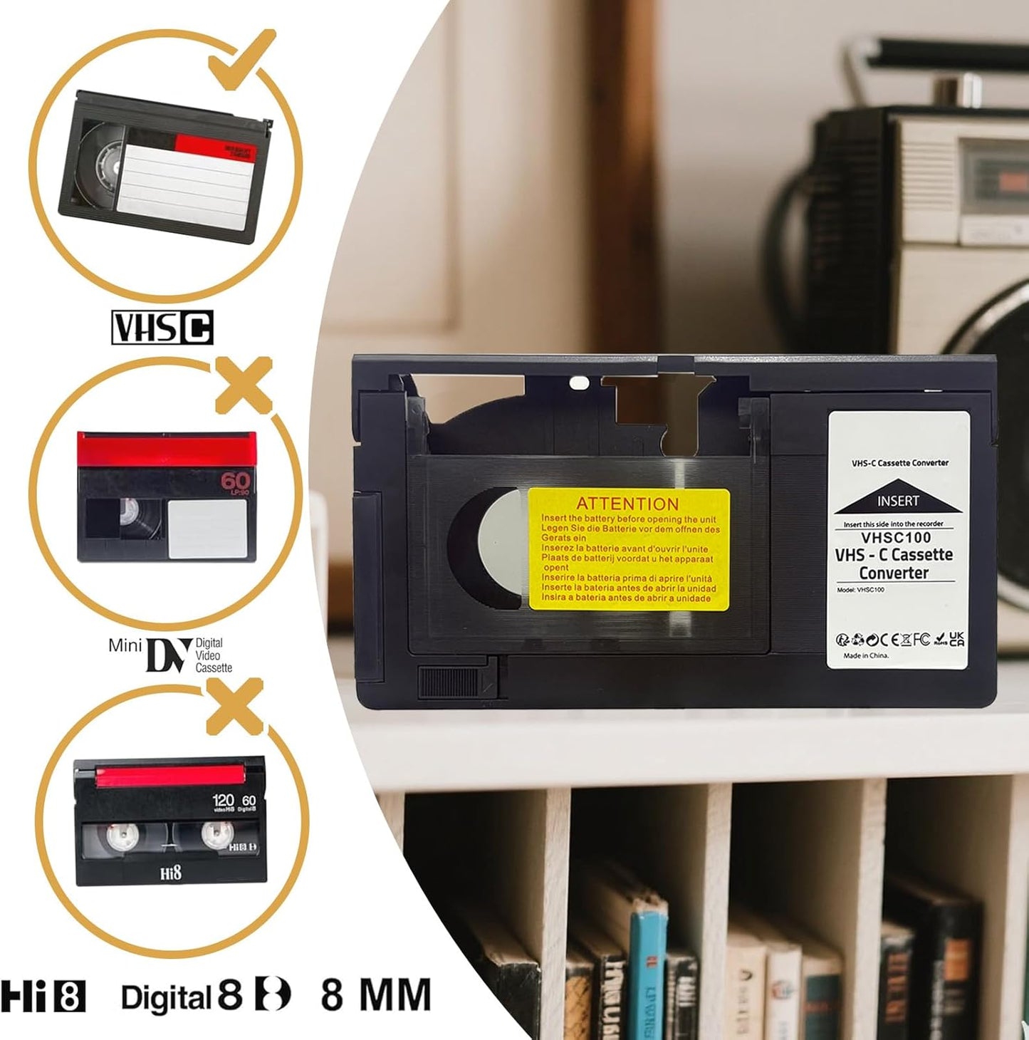Cassette 8mm/Minidv/Hi8 Motorized VHS-C to VHS Adapter - Ideal for VCR Player, VHS Tape for Camcorder to Digital