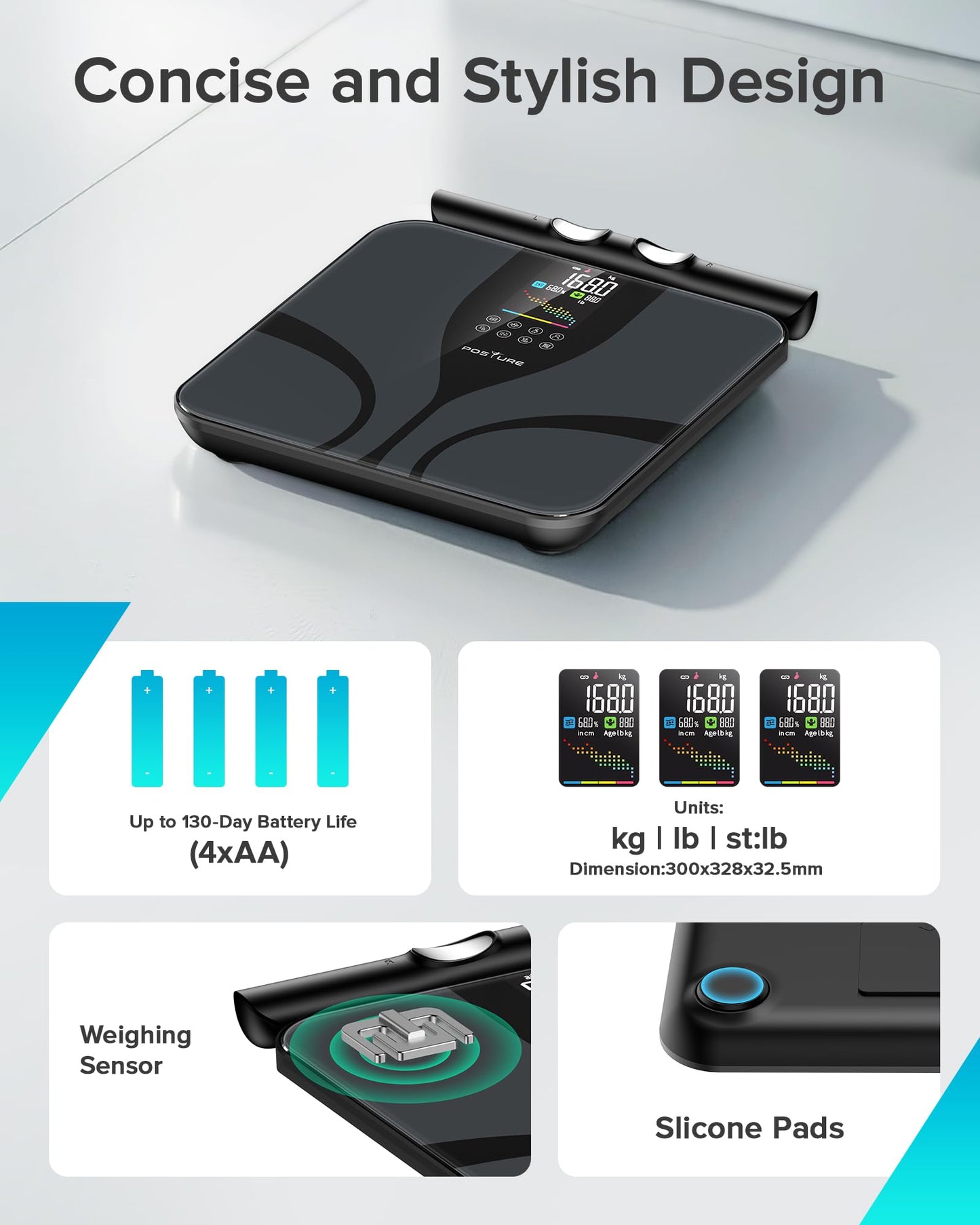 Posture Scale for Body Weight with 8 electrodes, Smart Digital Bathroom Scale for Weight, Body Fat, Muscle Mass 28 Body Composition Metrics, with Larger Platform and Colorful LCD Display,400lbs