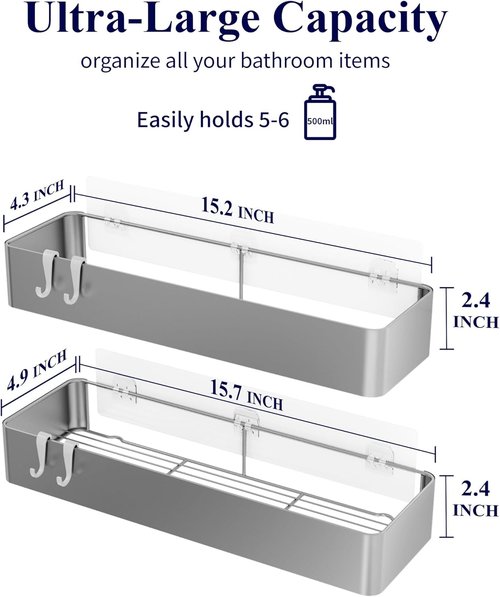 Kitsure Shower Caddy - Rustproof Adhesive Organizer | No-Drill Bathroom Storage, Silver Grey, 2 Pack
