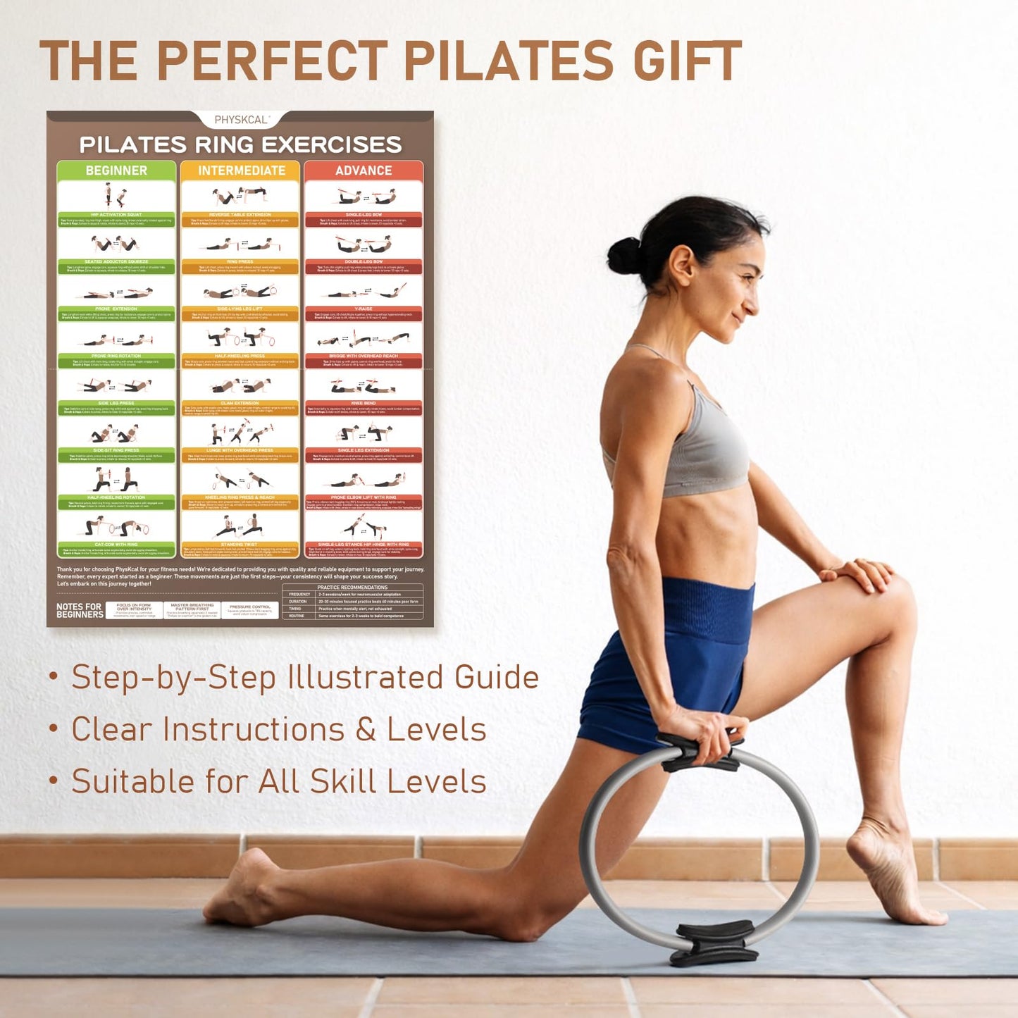 PhysKcal Pilates Ring, 15-Inch Magic Circle with Extra Thick Padded Handles, Pilates Equipment for Toning Inner Thighs, Arms and Strengthening Cores- Workout Guide Included (Mist)