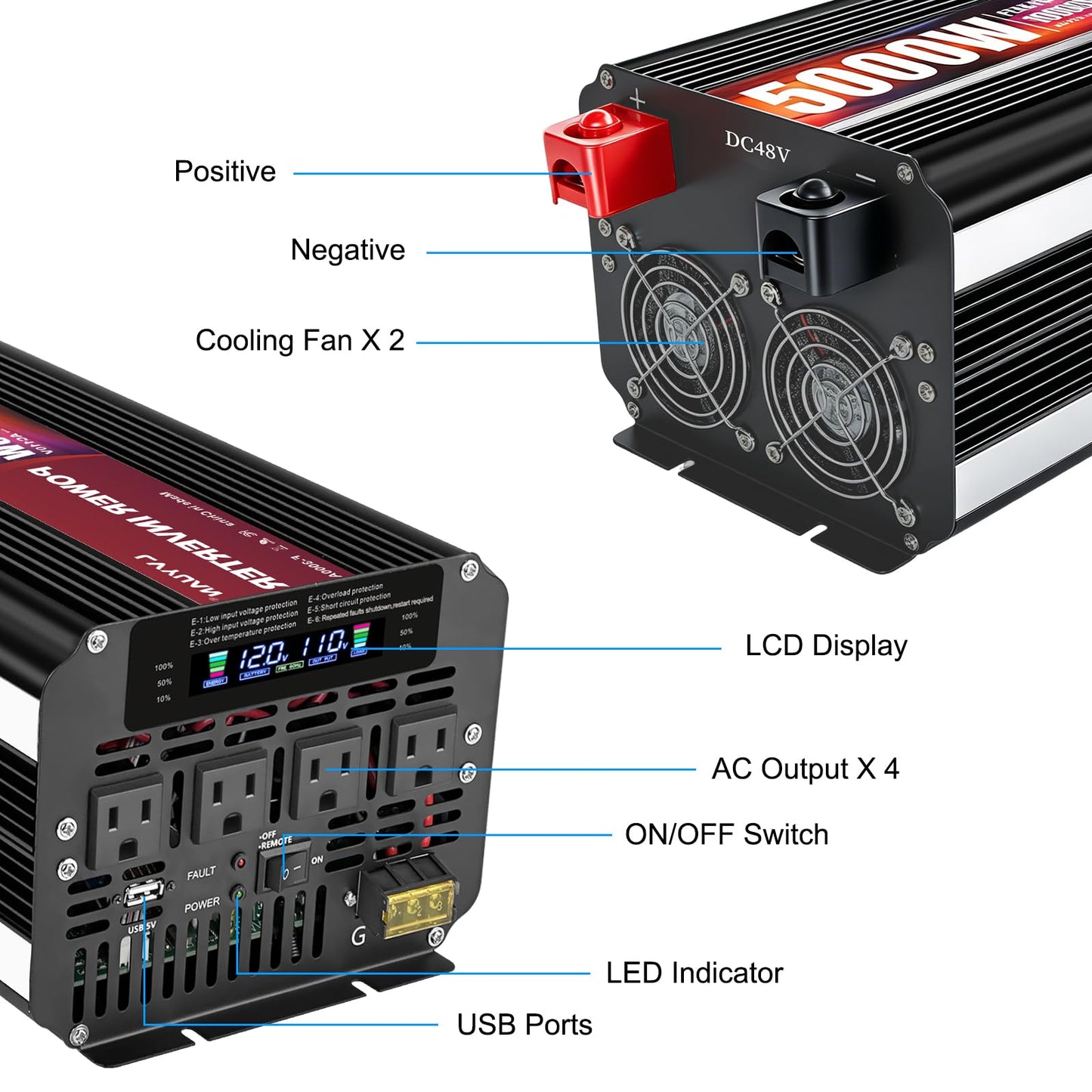 LVYUAN 5000 Watt Power Inverter 12V to 110V 120V with 4 AC Outlets, LCD Display, Wireless Remote Control for Vehicle, Solar System, Heavy Duty, RV, Truck, Off Grid, Camping