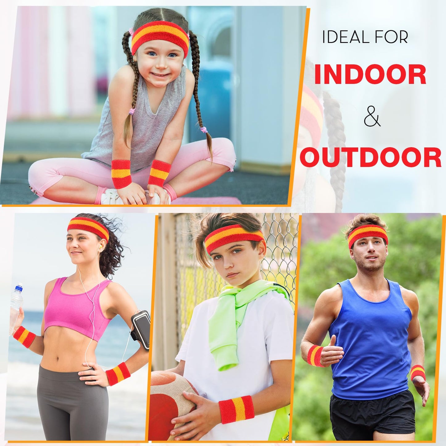 Eurzom 36 Pcs Sweatband Set - 12 Sweat-Absorbing Headbands and 24 Cotton Wristbands for Men, Women, Gym, Sports (Red, Yellow)