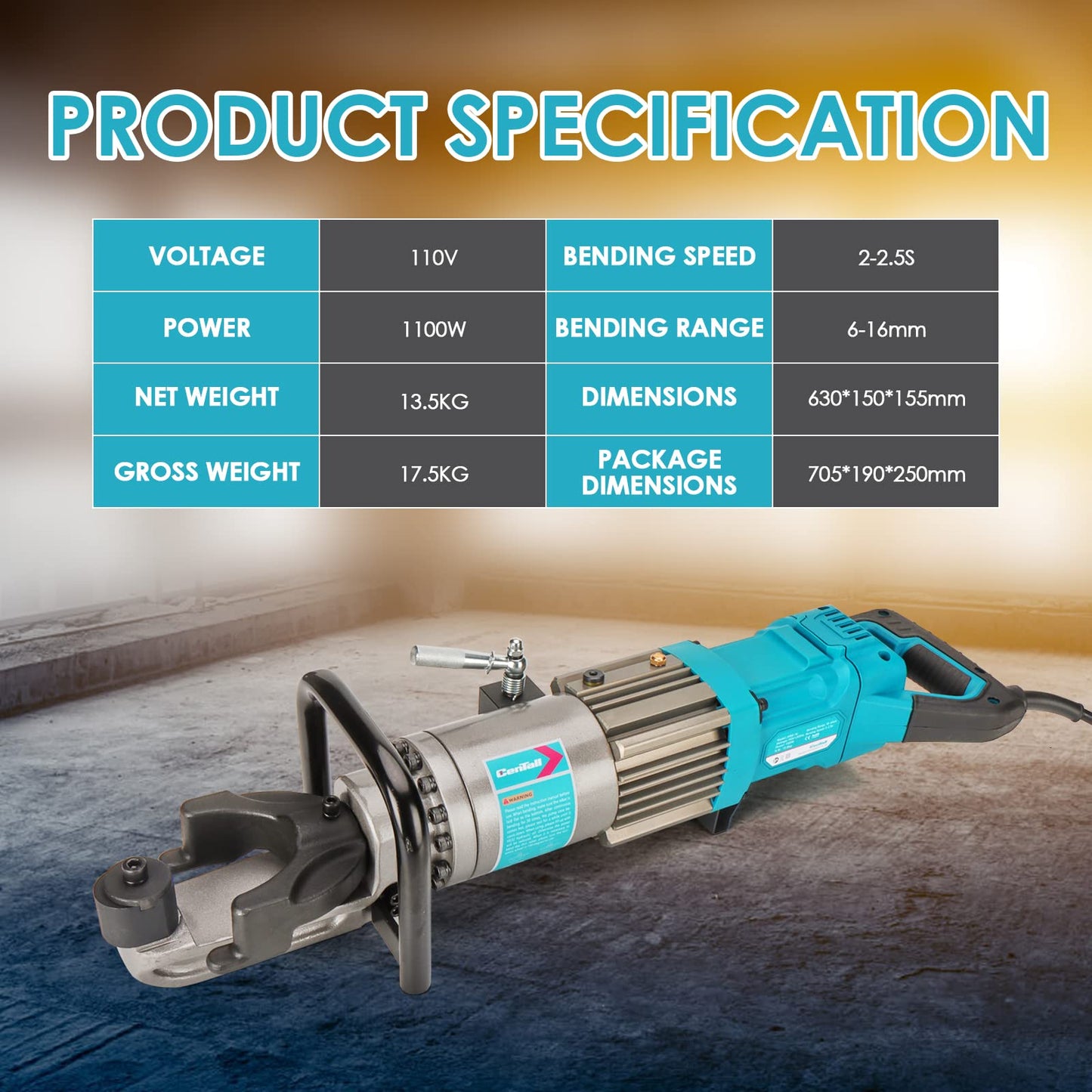 CENTALL 5/8 Inch Electric Hydraulic Rebar Bender 1100W Portable Hydraulic Rebar Bending Machine Max 16mm Rebar within 2-2.5s Easy Bending Rebar Steel Bar HRB-16 (Blue)